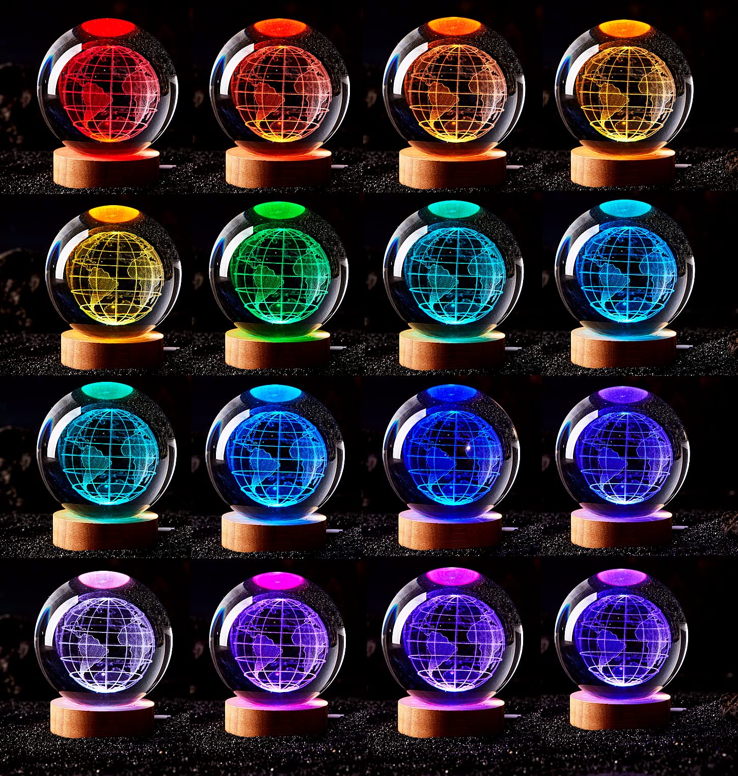 3D Earth Crystal Ball Lamp,3.15 Inch K9 Crystal Ball Night Light With Wooden Base,Lifelike 3D Led Night Light,16 Colors Changing