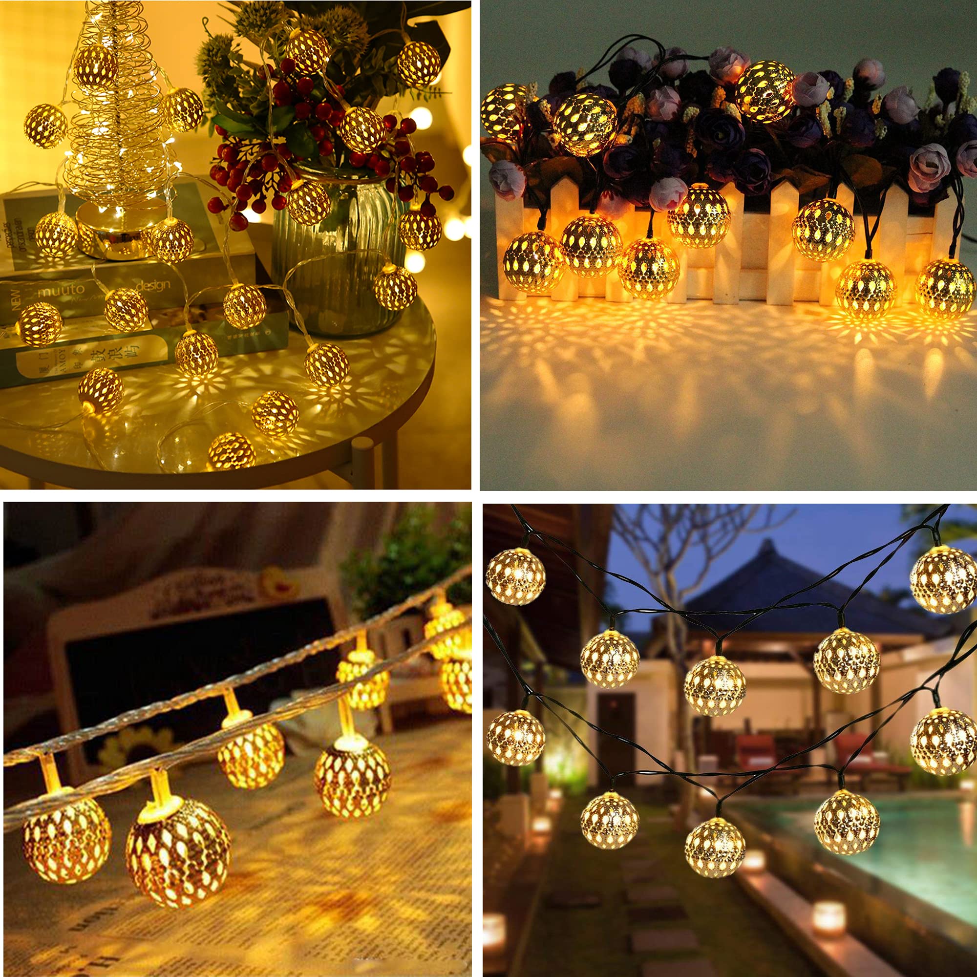 dephen Solar String Lights - 15ft 20LED Waterproof Warm White Moroccan Lights for Patio Garden Party Xmas Tree