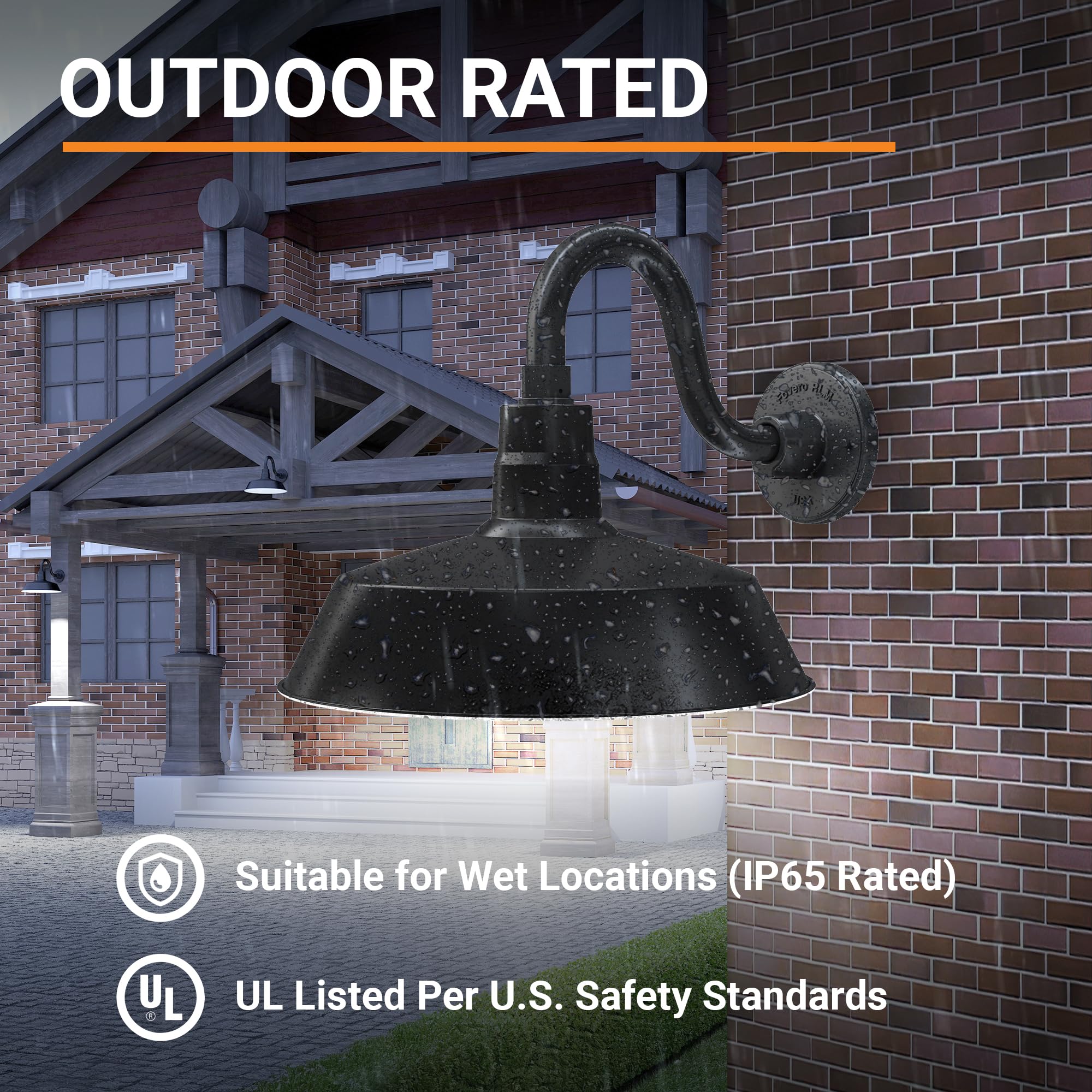 HTM LIGHTING SOLUTIONS 14in. Gooseneck Barn Light Fixture - Satin Black, Alloy Steel, UL Listed, Model SBL14-BK-SGN10-BK-9WA