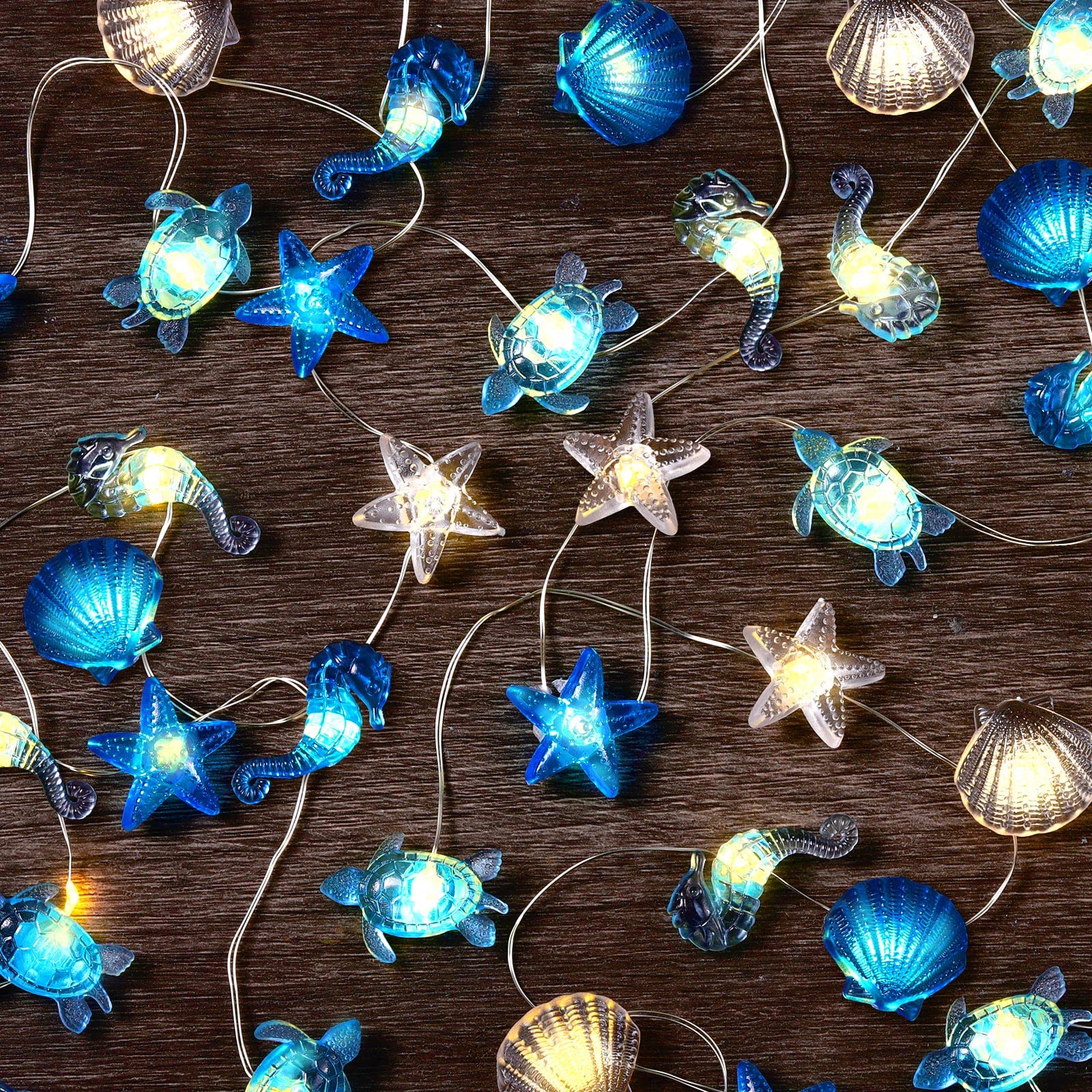Zhanmai 2 Pcs Ocean Decor String Lights for Bedroom Nautical Theme Seashell Seahorse Conch 10ft 30 LED Battery Operated String L