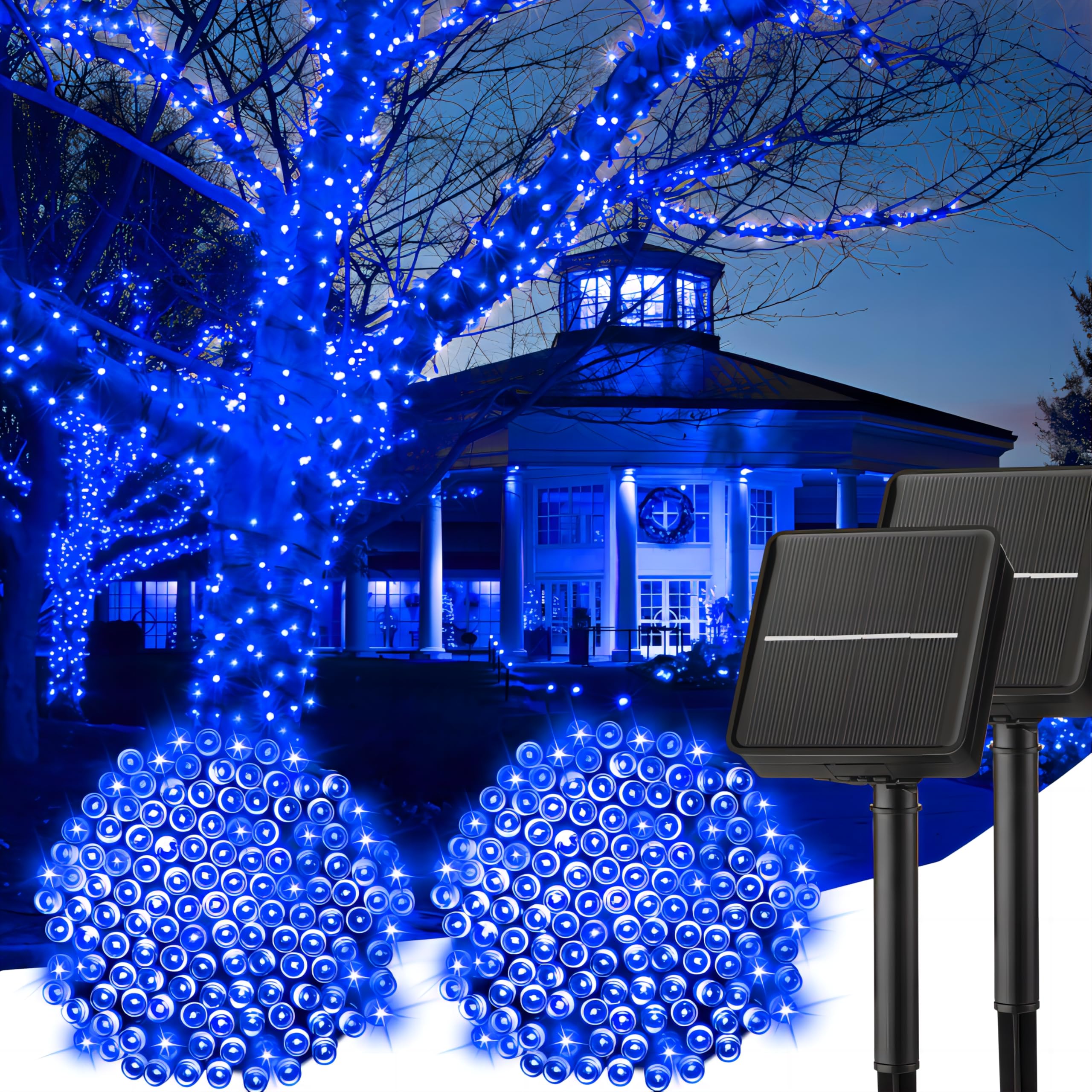 Minetom Solar Christmas Lights, 200 LED, 80FT, 8 Modes, Waterproof, Blue, 2 Pack