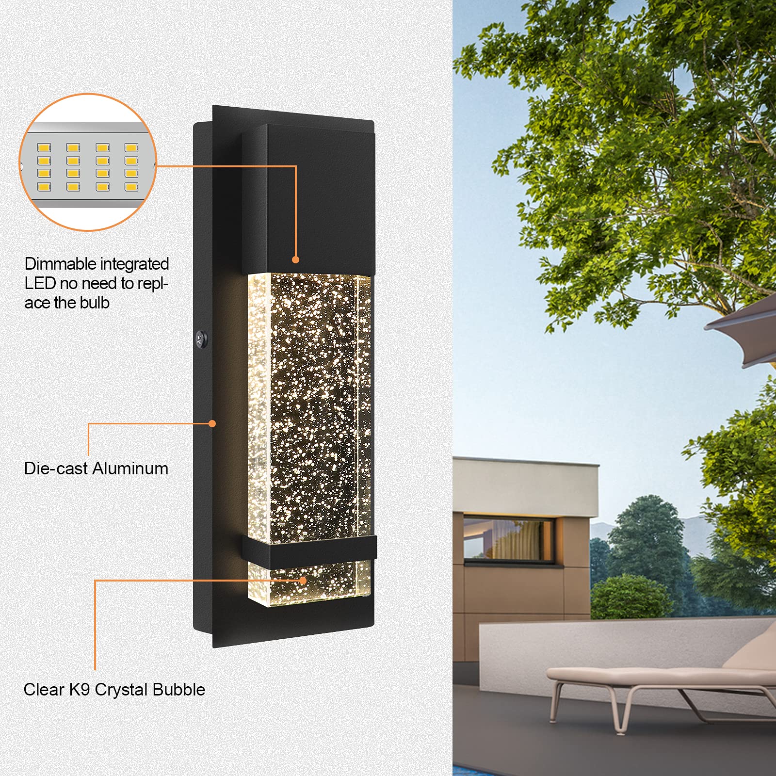 Partphoner Modern Wall Sconce, Led Wall Light With Crystal Bubble Glass Modern Porch Light Outdoor Indoor Wall Fixture 12W Lumen