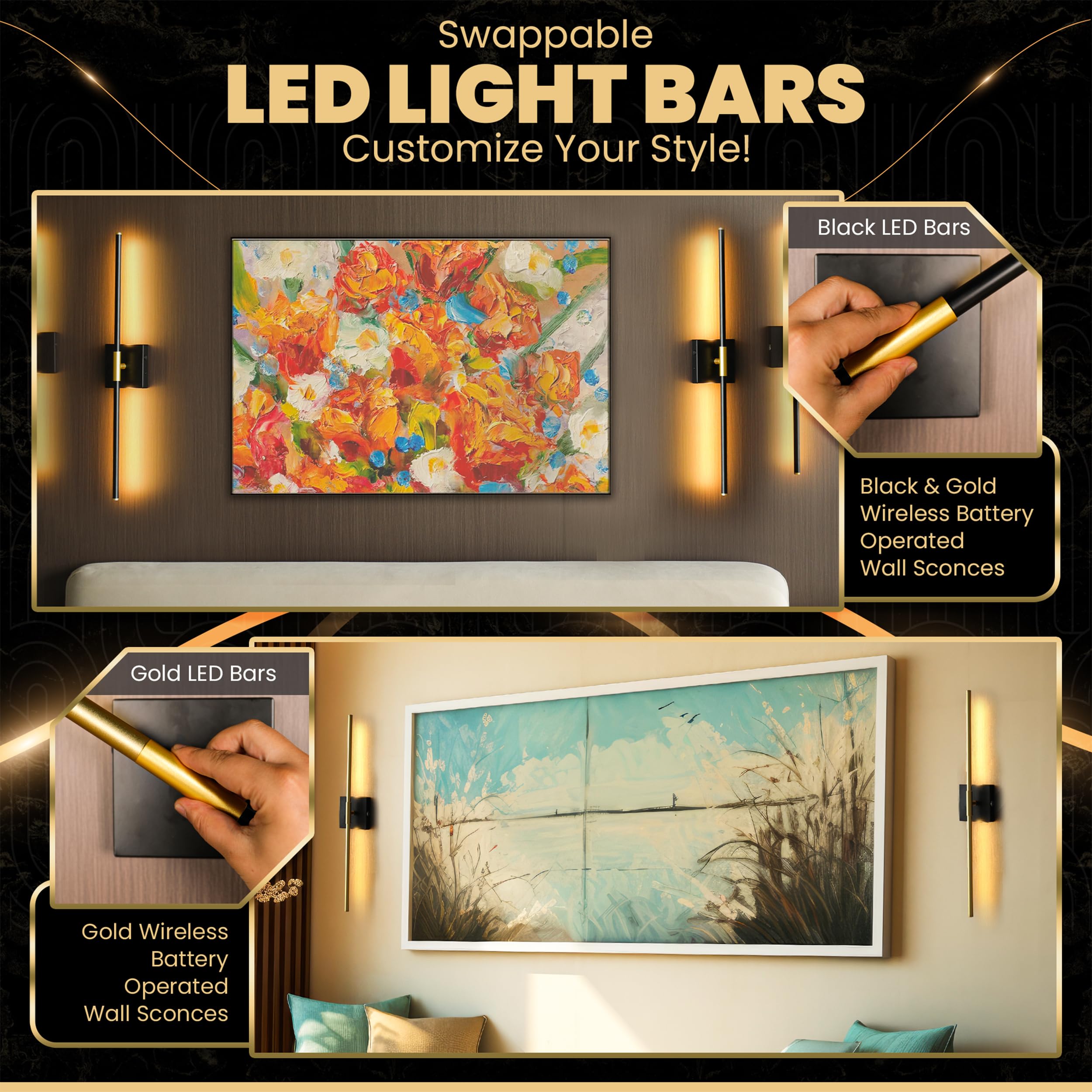 Battery Operated Wall Sconces Set of 2 with Interchangeable Black/Gold LED Bars, 2 Styles, 28 Inch, 10000mAh Long Lasting Rechar