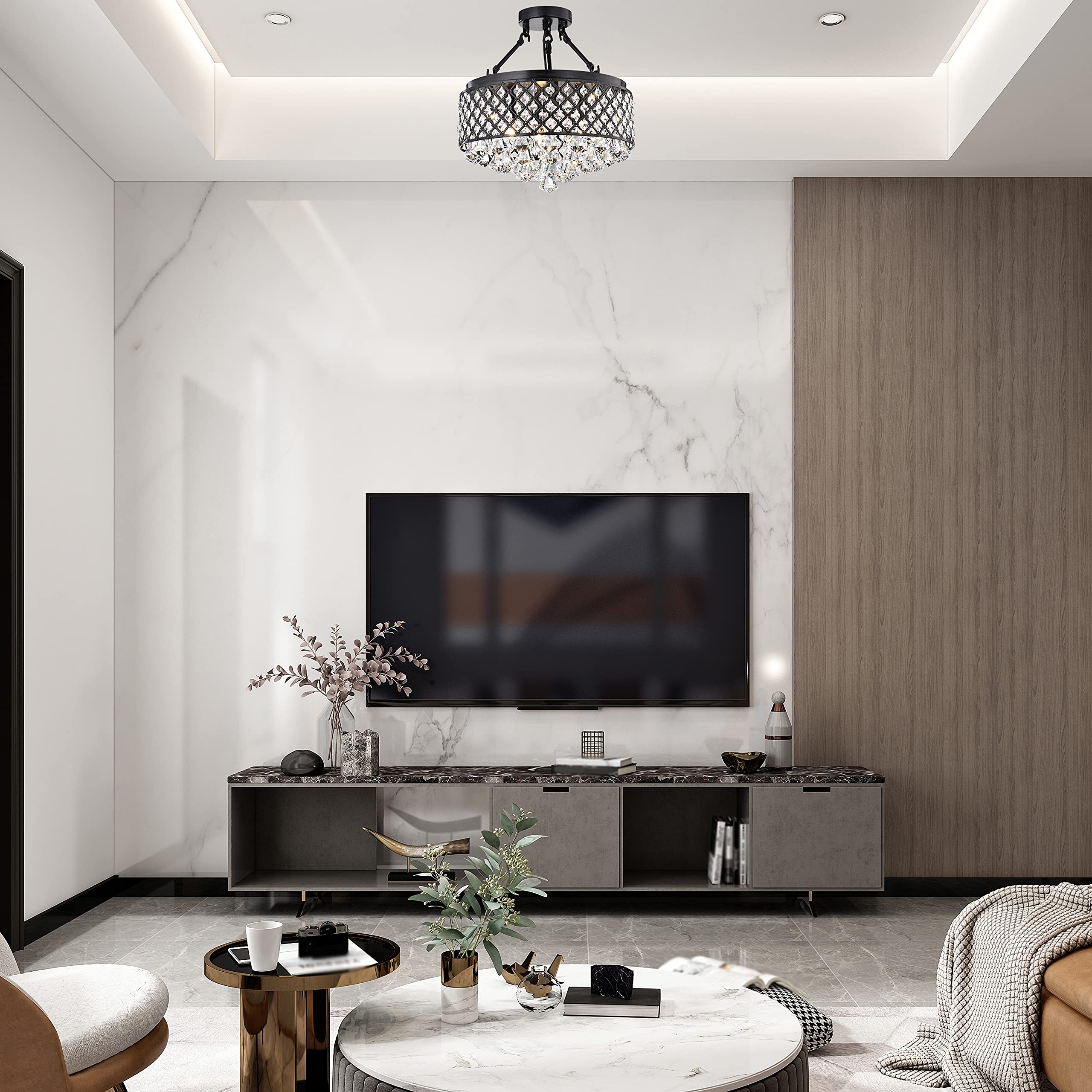 Edvivi Round Semi Flush Mount Crystal Chandelier, 4 Lights, Antique Black Finish, Metal, Semi-Flush, ESG406BL