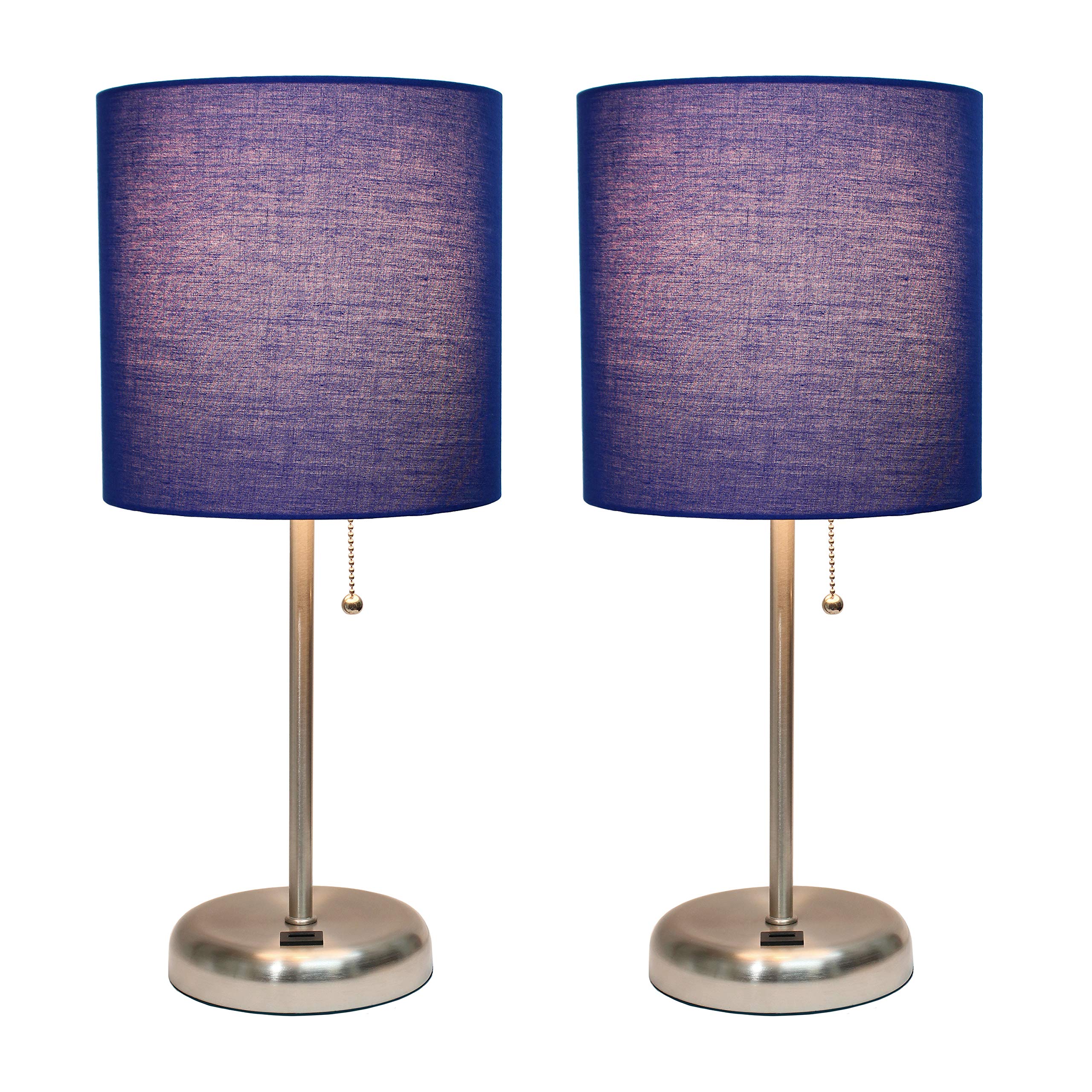 Simple Designs LC2002-NAV-2PK Brushed Steel Table Lamp Set with USB Charging Port, Navy Blue Shades, 2 Pack