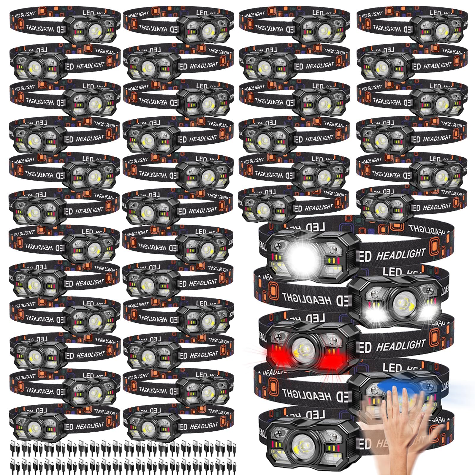 KunHe 40 Pack Headlamp Flashlight Head Lamps led Rechargeable Headlight Motion Sensor Head Lamp 10 Mode for Outdoor Camping Gear