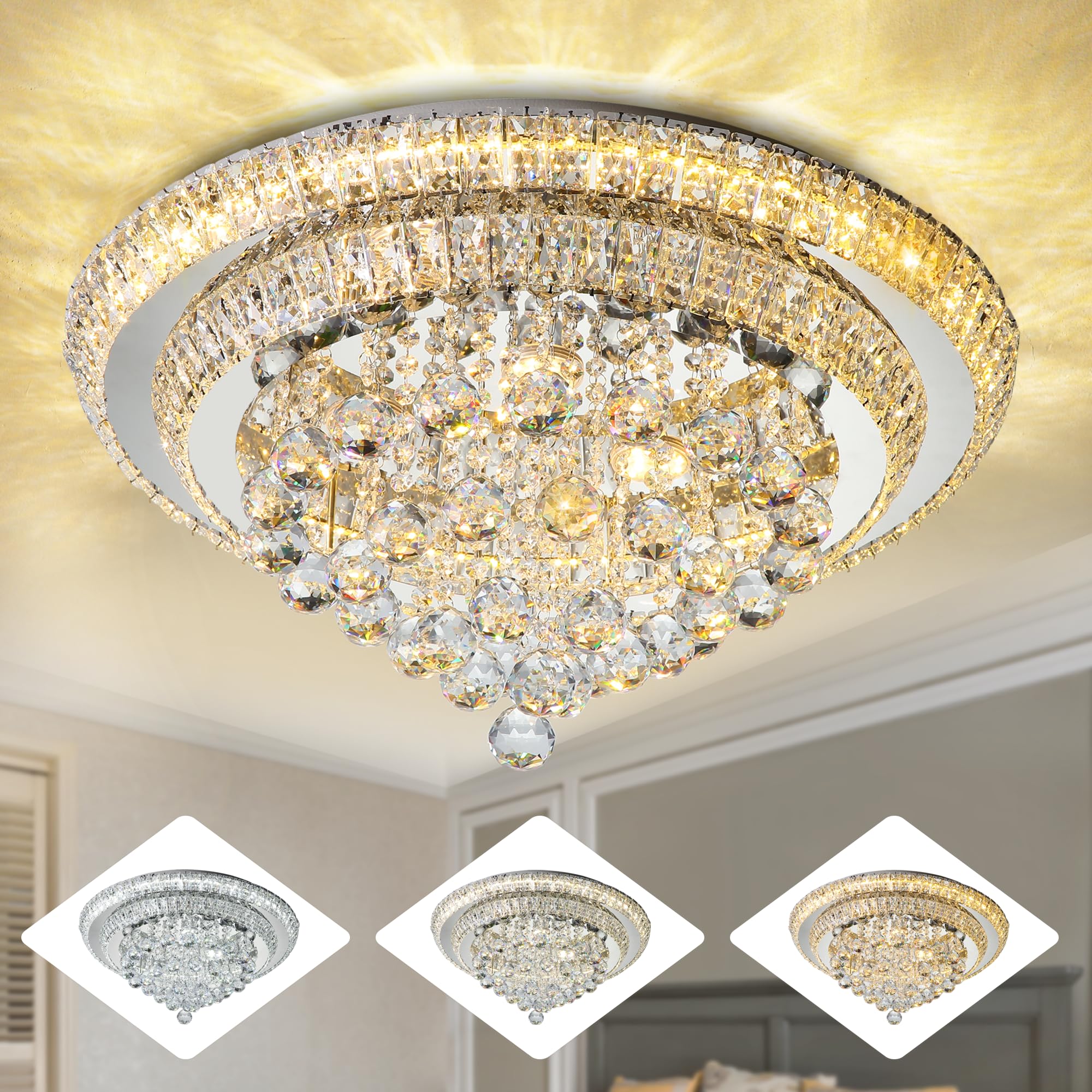 Miuyhji Elegant Led Crystal Raindrop Ceiling Light, 24'' Flush Mount Chandelier Light Fixture With Remote Control For Living Roo