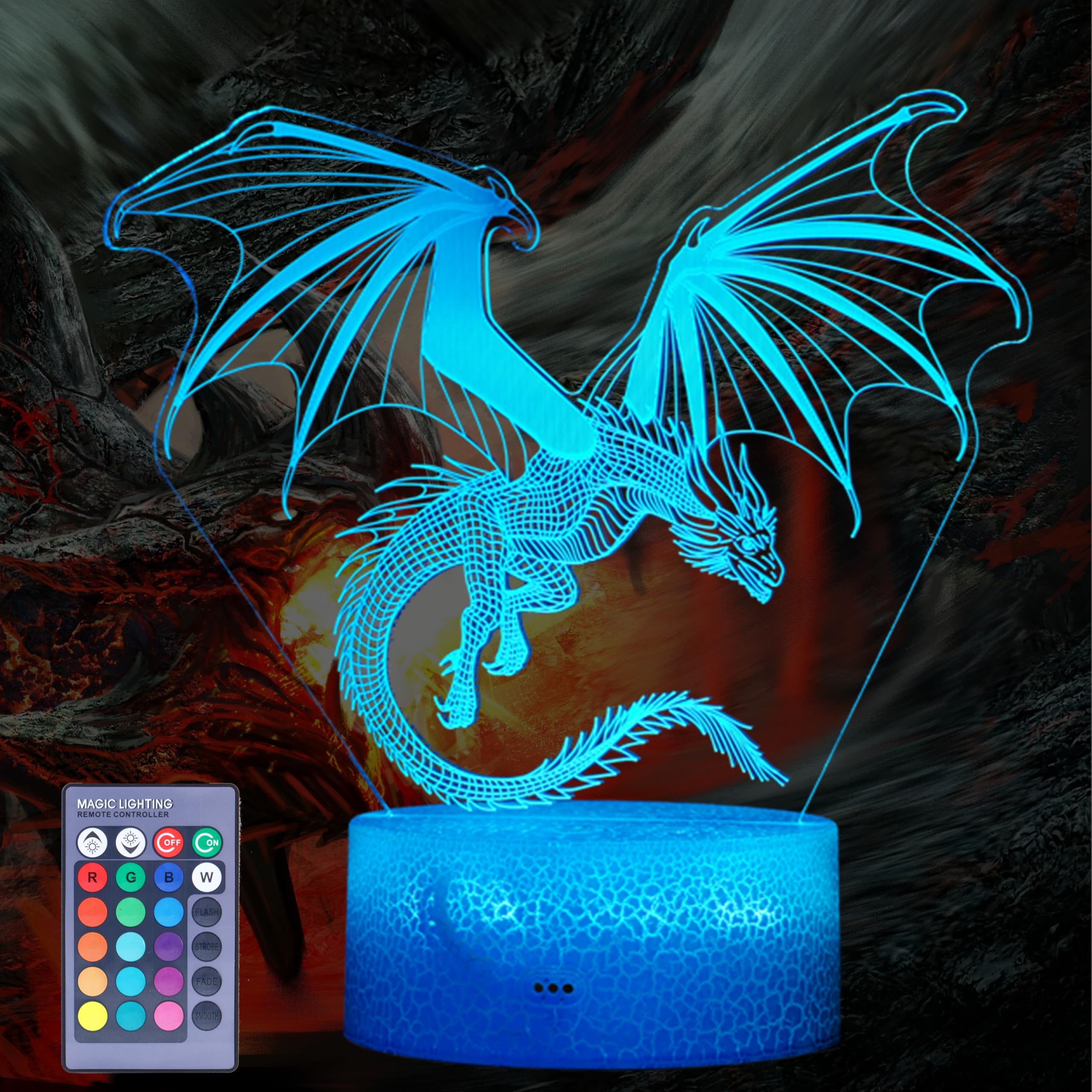 POSSHE Dragon Night Light, Dragon Gifts, 3D Illusion Lamp with 16 Colors Changing, Remote Control and Dimmable, Kids Boys Girls 