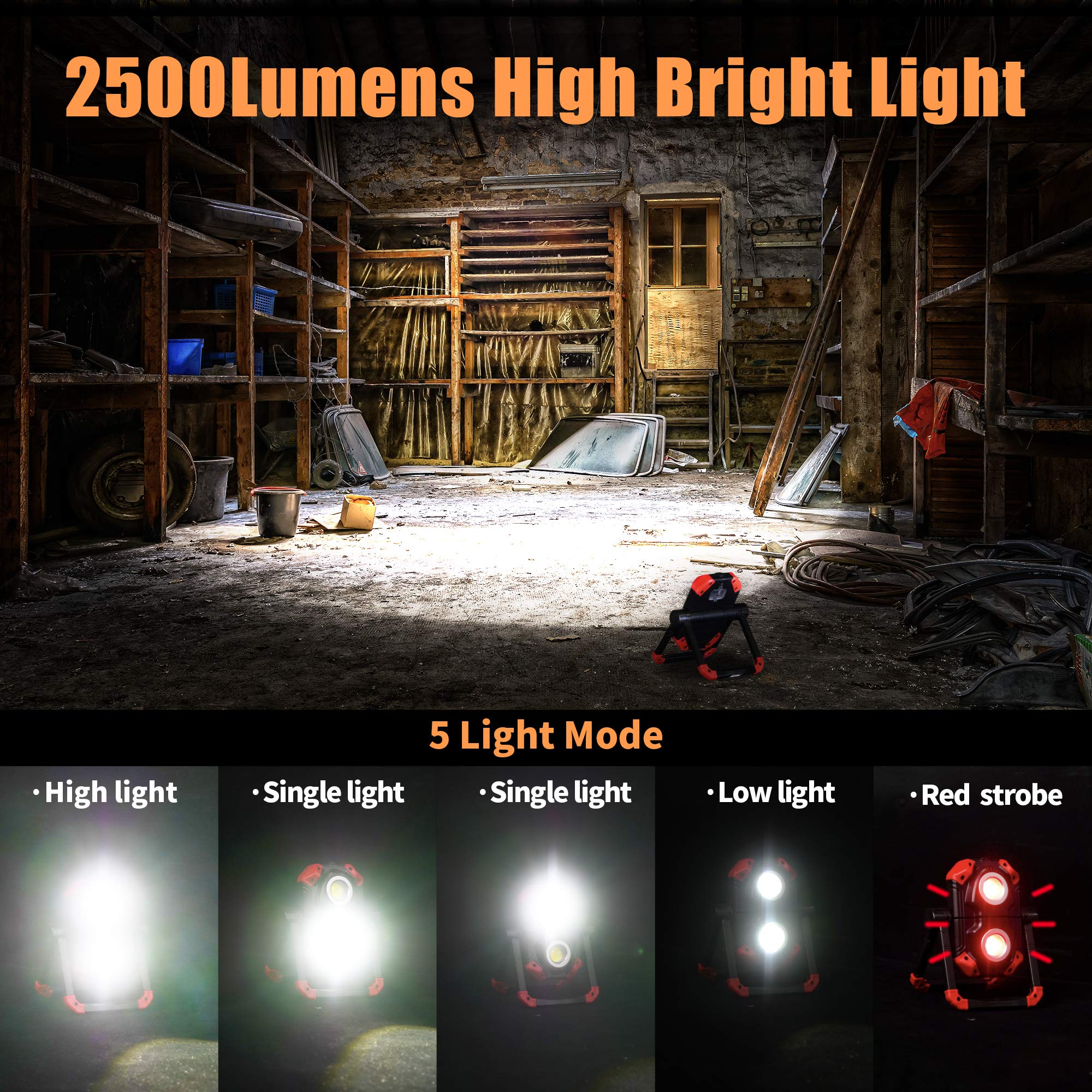 Led Work Light Rechargeable, 2 Cob 2500Lm Folding Portable Flood Light With Magnetic Base And 360° Rotation Stand, Waterproof Spotlights For Camping, Car Repairing, Emergency And Job Site Lighting