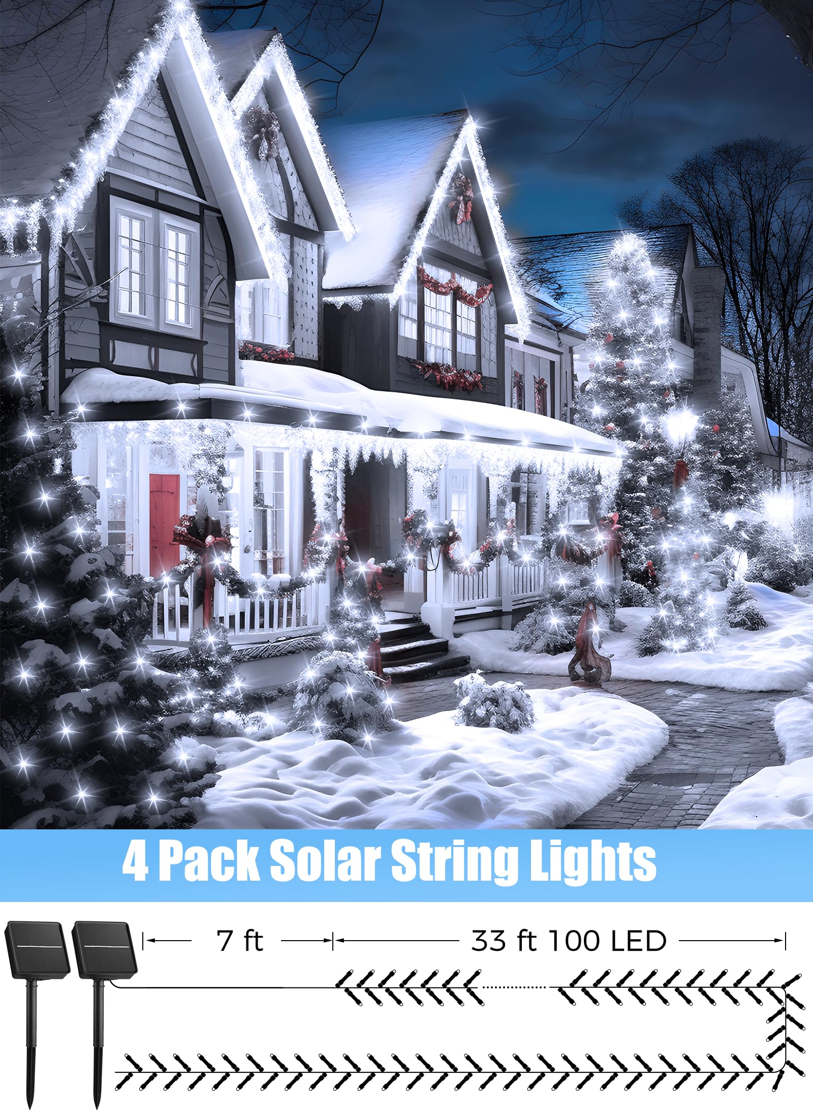 Minetom Solar String Lights, 160FT 400 LED, 8 Modes, Waterproof, Outdoor Christmas Lights, White, 4 Pack