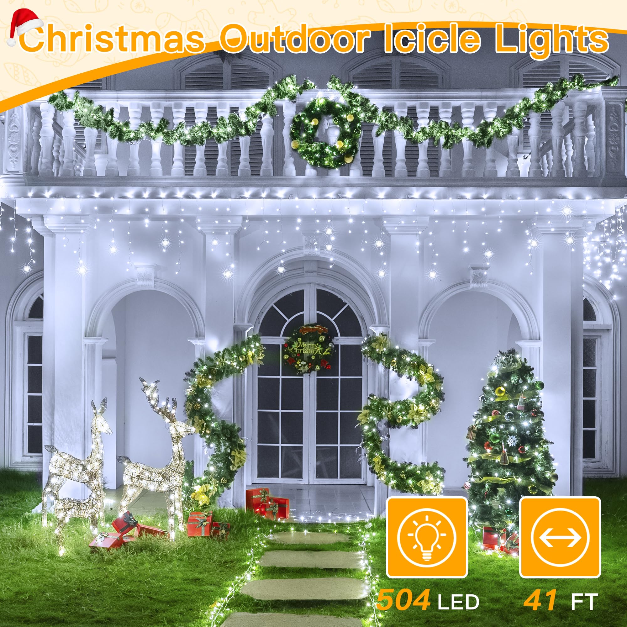 Ollny Icicle Lights 486LED, Cool White, Waterproof, 8 Modes, Remote Control, 40FT, Model HG-29V487BC