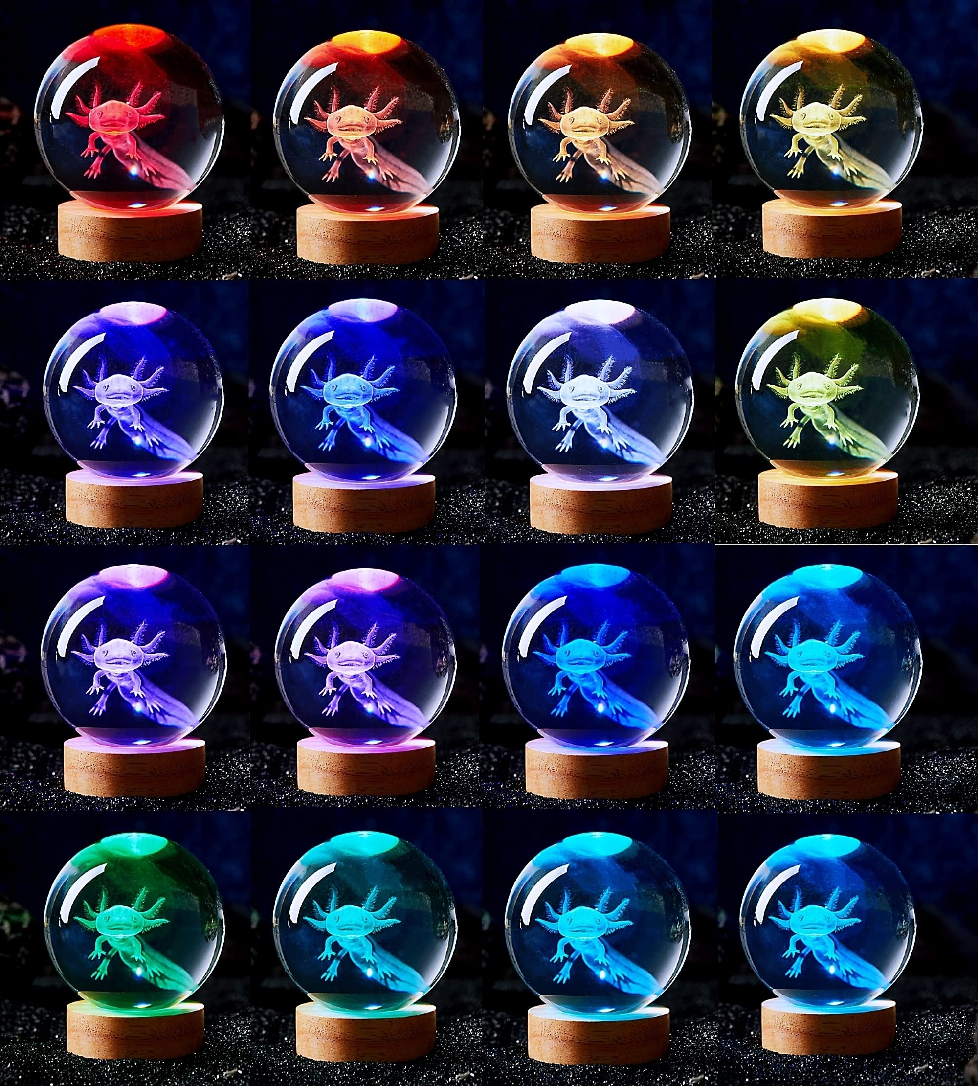 Digfpwt 3.15 Inch Axolotl Crystal Ball Lamp, 3D K9 Crystal Night Light With Wooden Base, 16 Color Change Remote, Clear Glass Bal