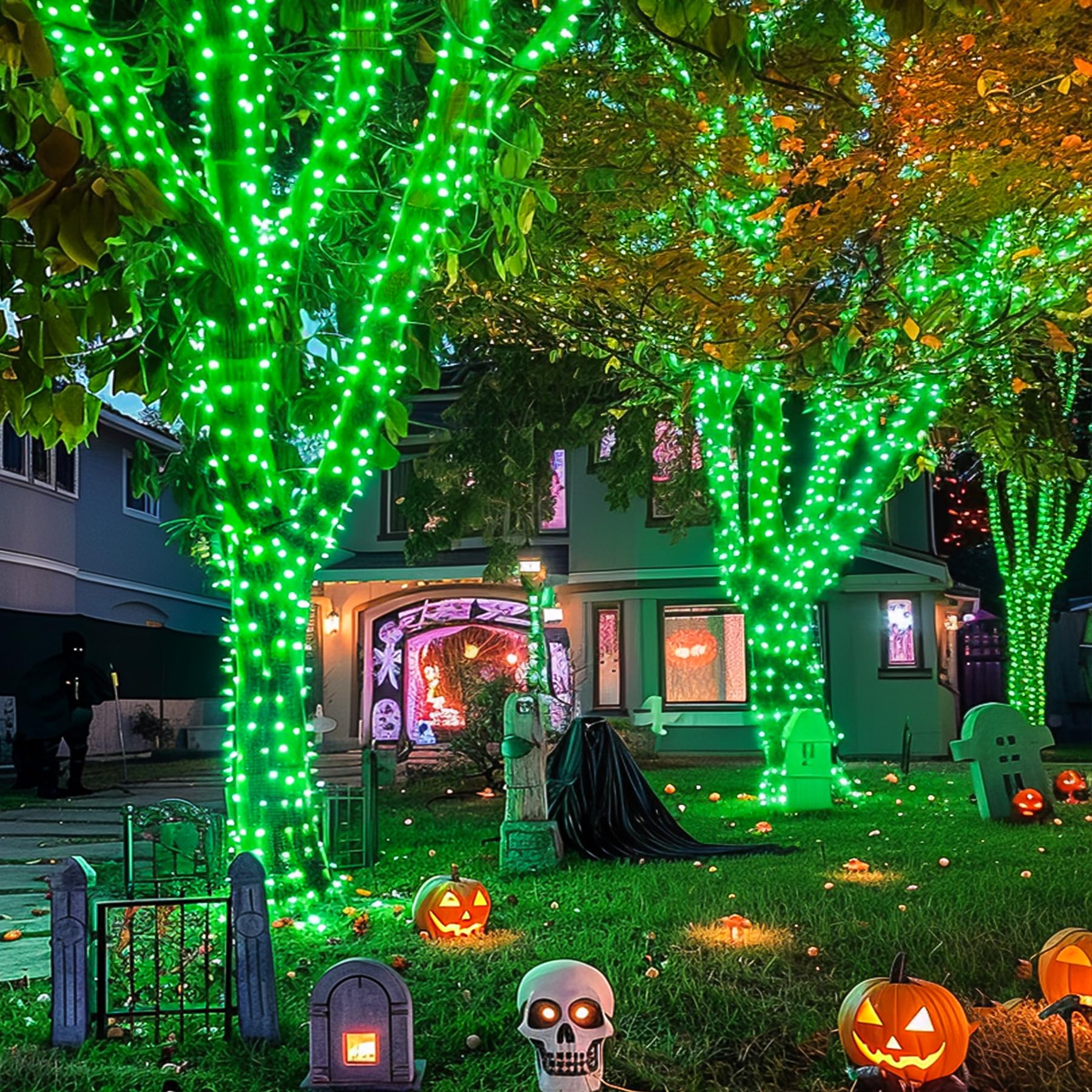 JMEXSUSS 600 LED Green Solar Christmas Lights, 206.7 ft Waterproof Outdoor String Lights, 8 Modes for Patio & Tree Decorations