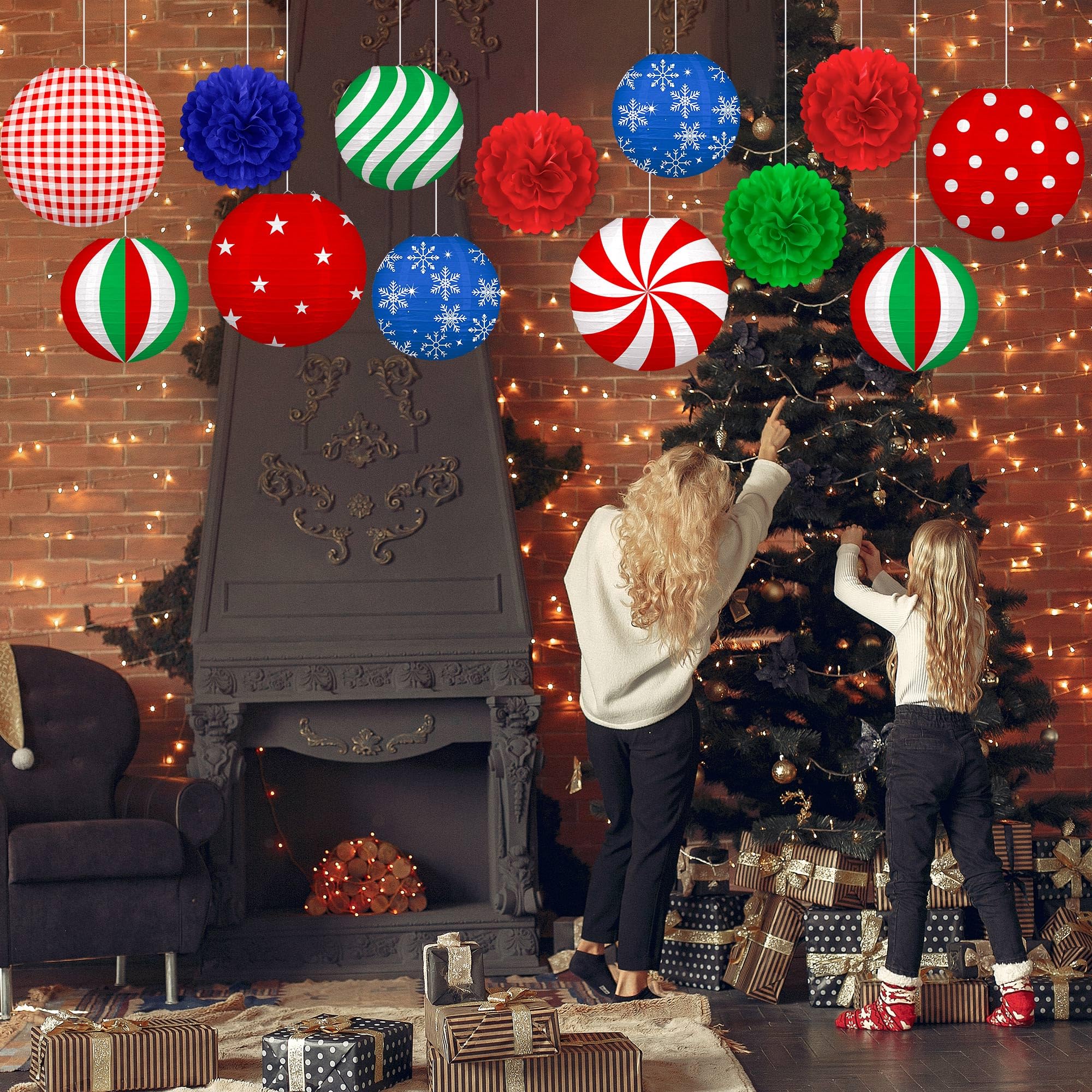 Renbuzhu 13Pcs Christmas Decorations Ornaments Set - 9 Red Green Blue Hanging Paper Lanterns  4 Pom Poms For Indoor  Home  Xmas Party  Porch Decor