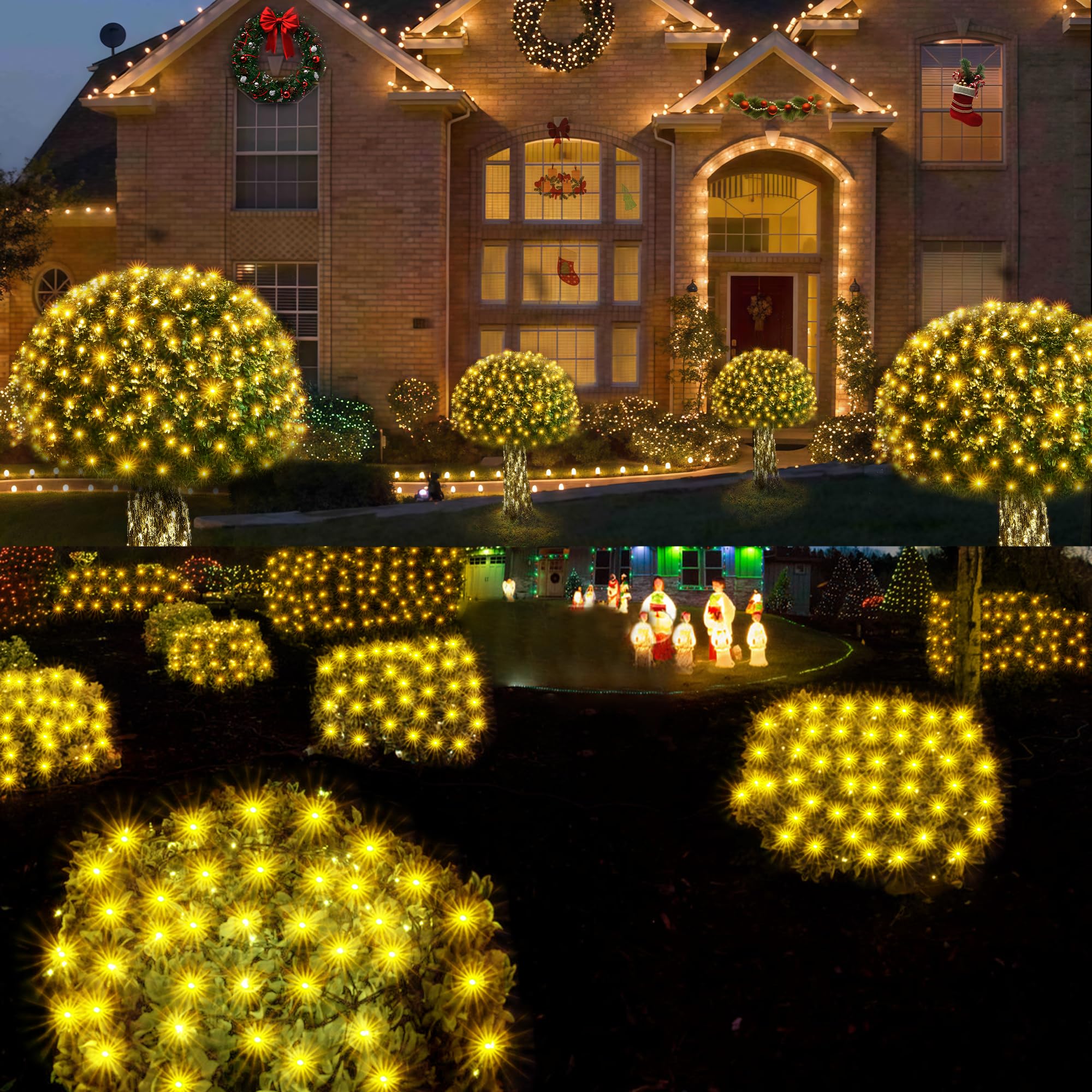 Wbao Christmas Net Lights, 200Led 8.4Ft X 5.2Ft Christmas Bushes Lights With 8 Modes, Timer, End To End Connectable, Waterproof Design For Lawn, Bushes, Trees Outdoor Christmas Decorations, Warm White