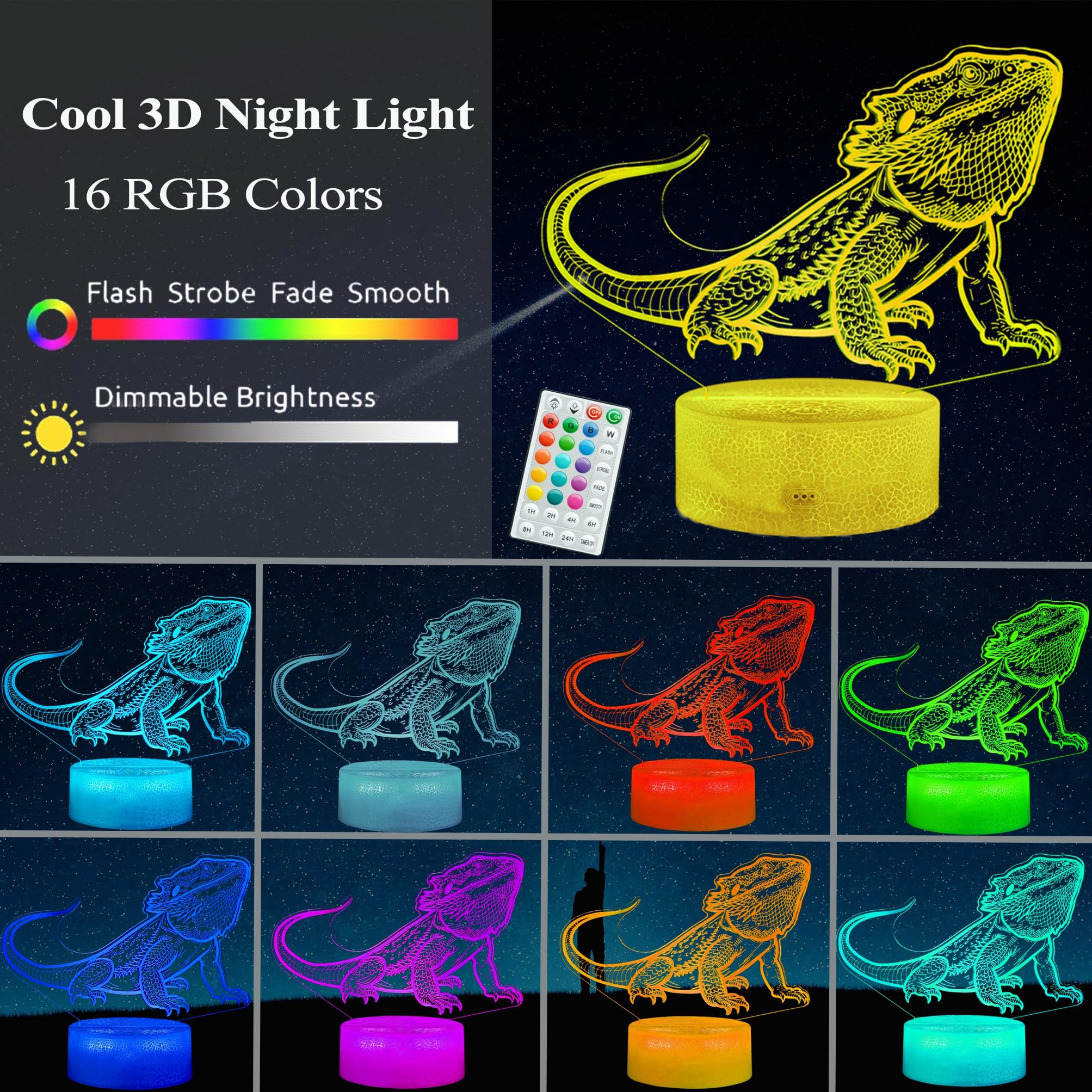 POSSHE 3D Bearded Dragon Night Light, 16 Color Remote Control, MY-3D LAMP-CRACK