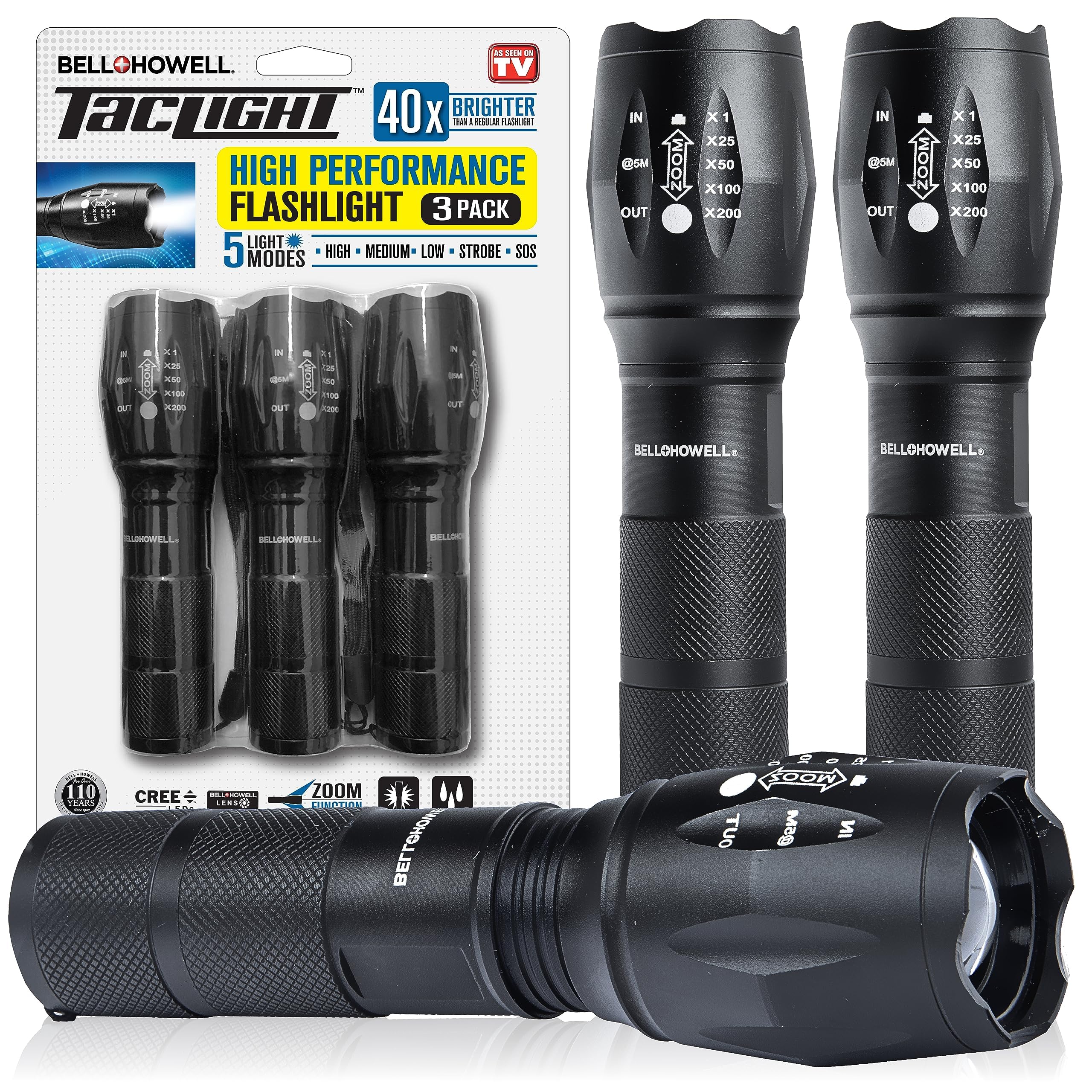 Bell+Howell TacLight 3 Pack Tactical Flashlights, High Lumens, Zoomable, Waterproof, Aluminum, Black, Model 9386