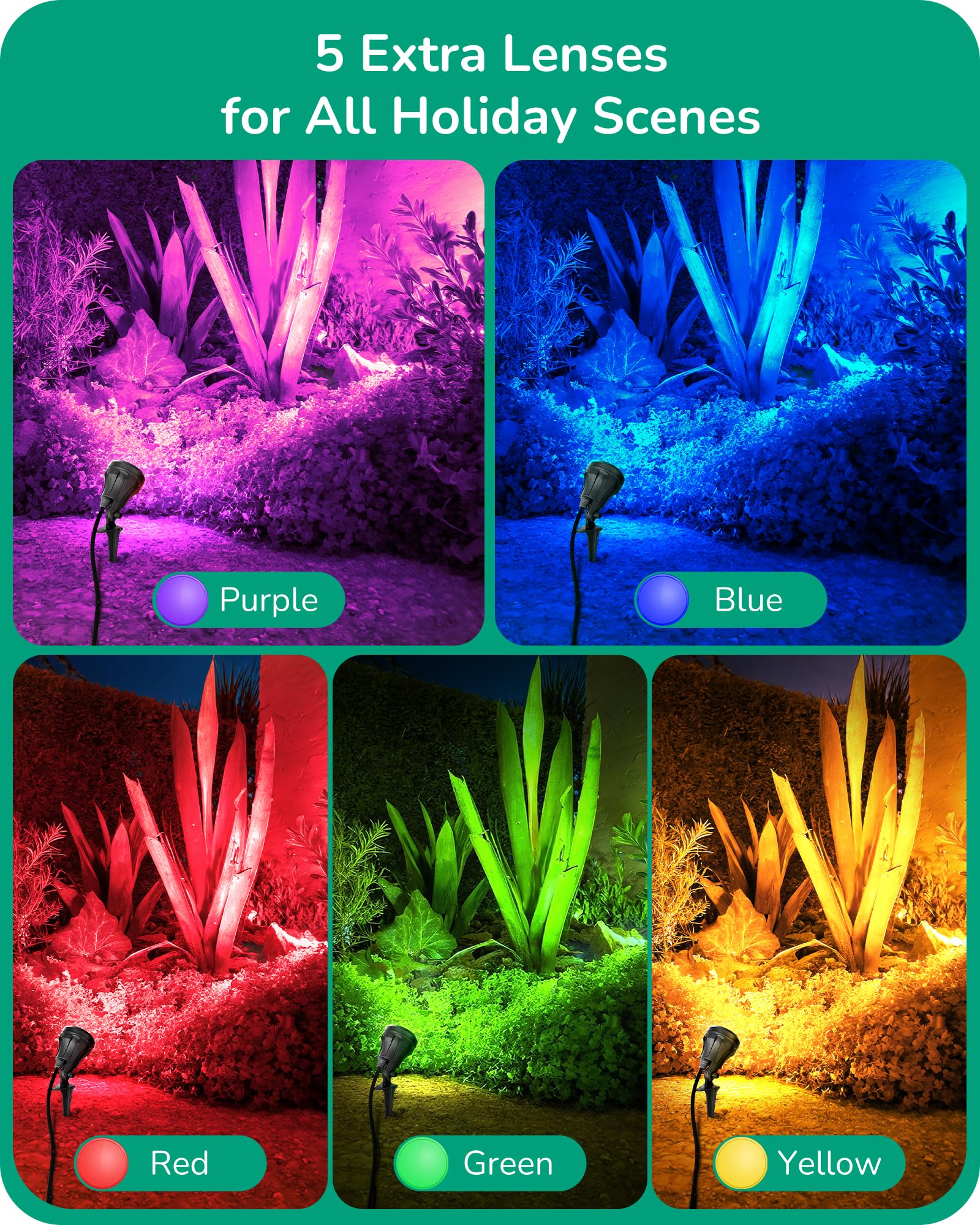 Edishine 120V Led Outdoor Spotlight, 5 Extra Lenses (Rgb Purple Blue), 4.8W 5000K Plug In Spotlight Outdoor, Waterproof Landscap