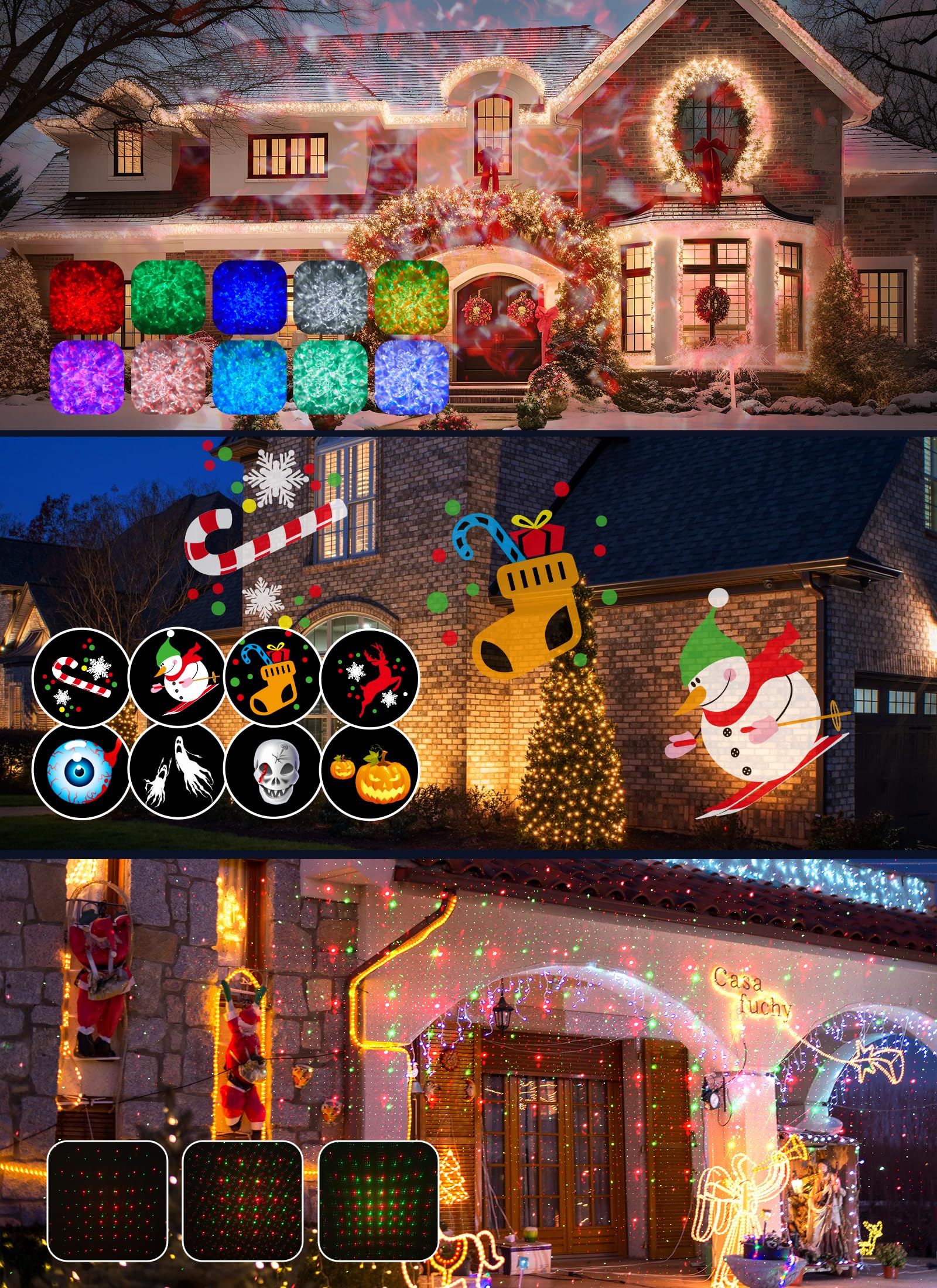 Minetom 3 In 1 Halloween Christmas Projector Lights Outdoor 21 Hd Effects (3D Ocean Wave + Patterns+Red Green) Waterproof With Timer Halloween Landscape Lights For Indoor Holiday