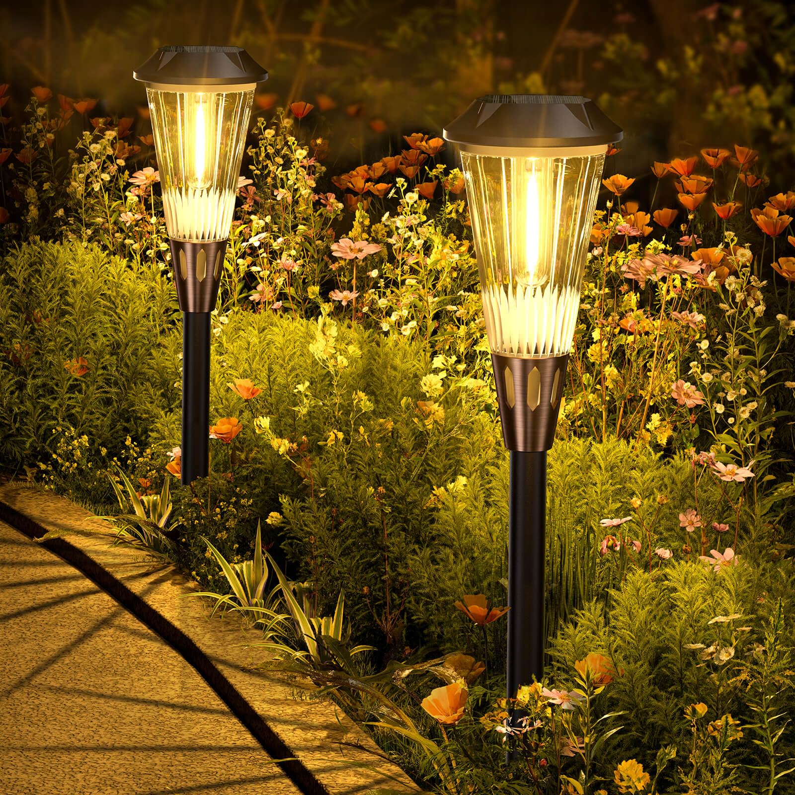 Bitpott 2-In-1 Warm&Cool Solar Pathway Lights Outdoor, 2 Pack Solar Garden Lights Waterproof Ip65, Auto On/Off Outdoor Solar Lights For Yard Garden Walkway Landscape Lighting