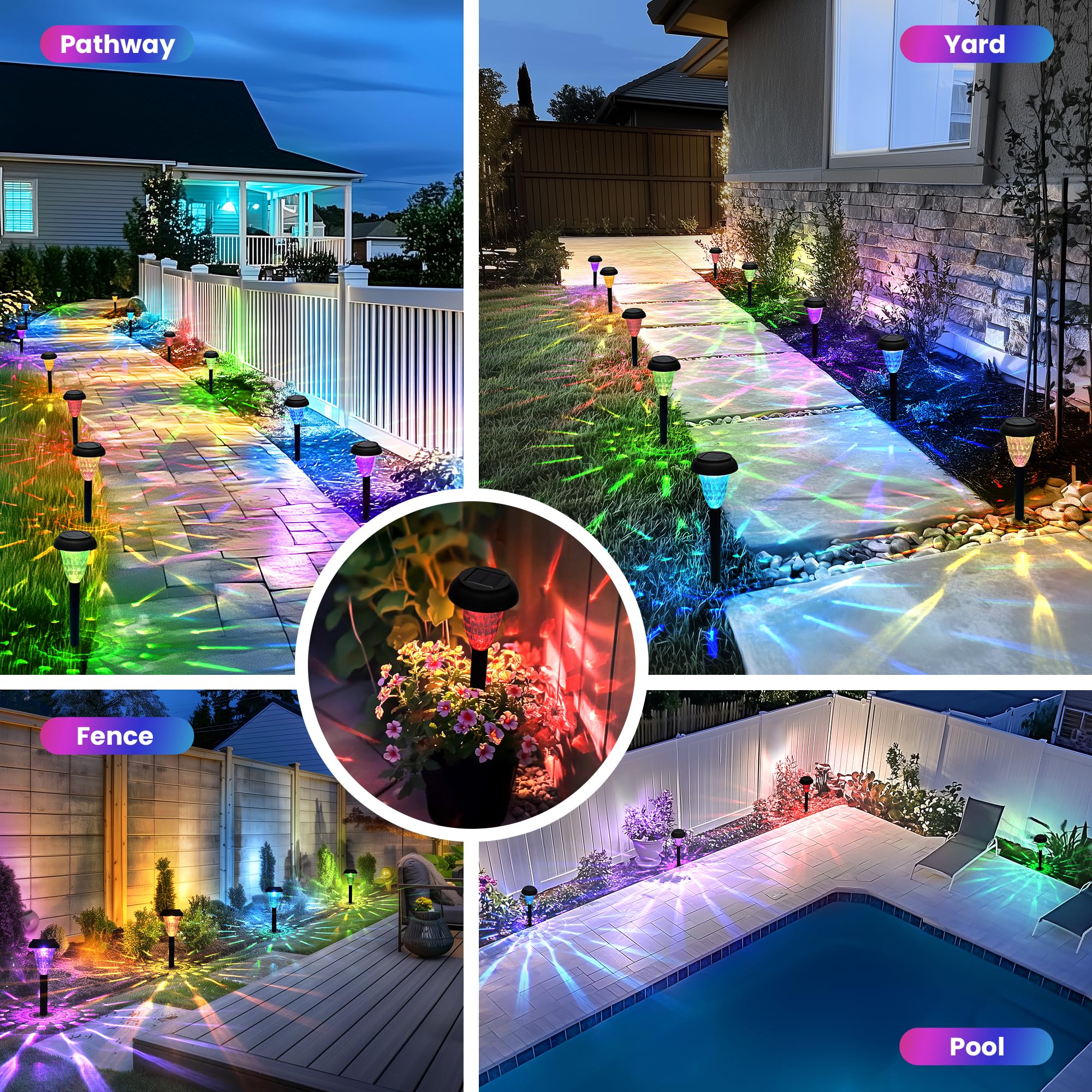 TISEJOY Solar Pathway Lights Outdoor, Waterproof Color Changing, 16 Pack, Multicolor, Model 9447, Plastic Material