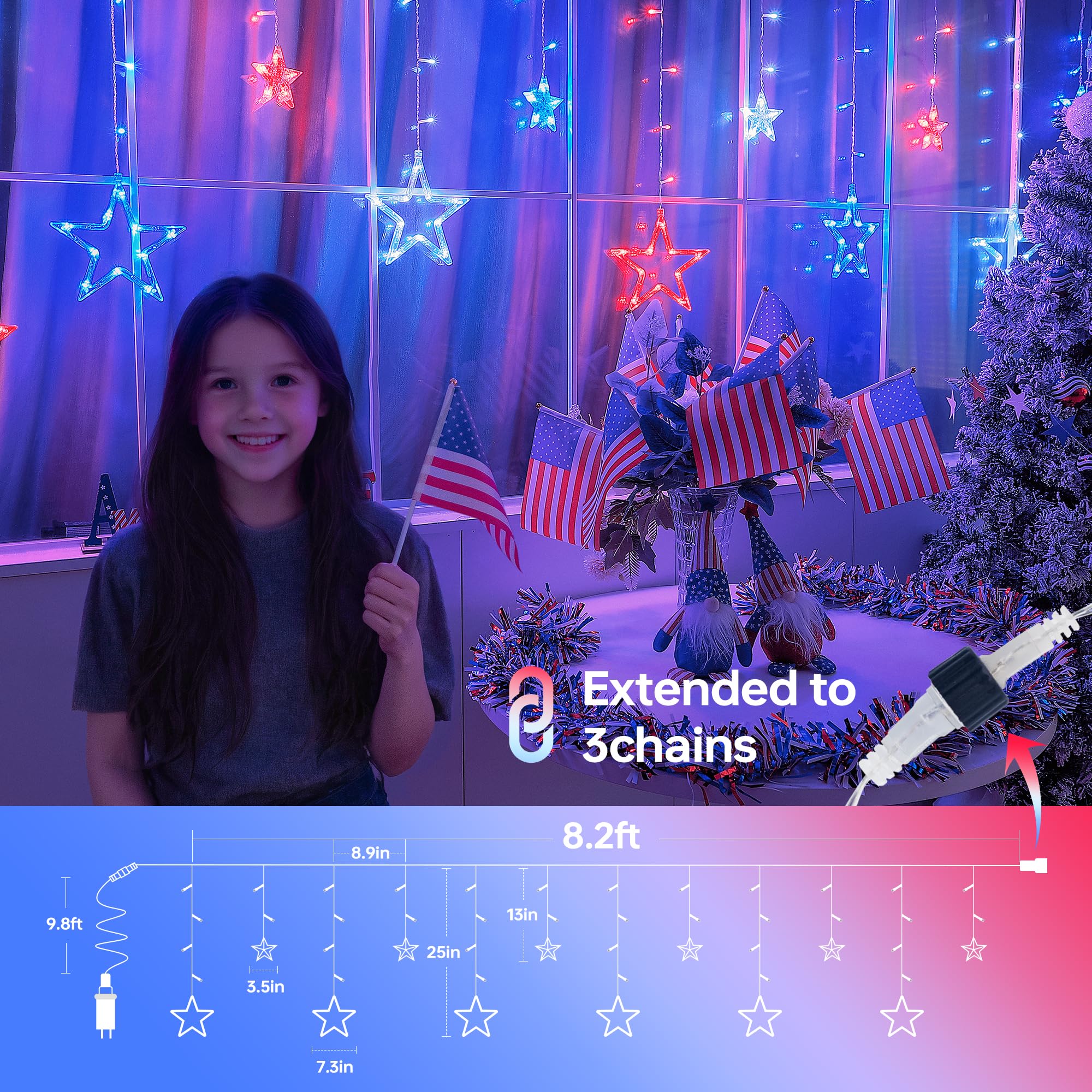MYGOTO Patriotic Star Icicle Lights, 126LED, 8.2ft, Waterproof, 8 Modes, Red White Blue, Independence Day Decorations