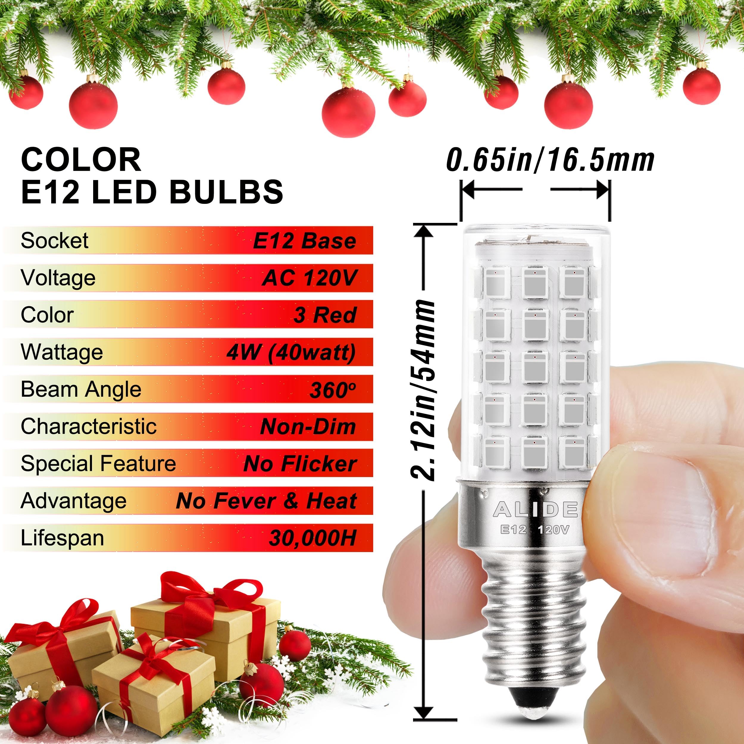Alide E12 Led Candle Red Light Bulb,4W, 40Watt Equivalent, E12 Small Base C7 T6 Red Led Bulb For Christmas Holiday Festival Part