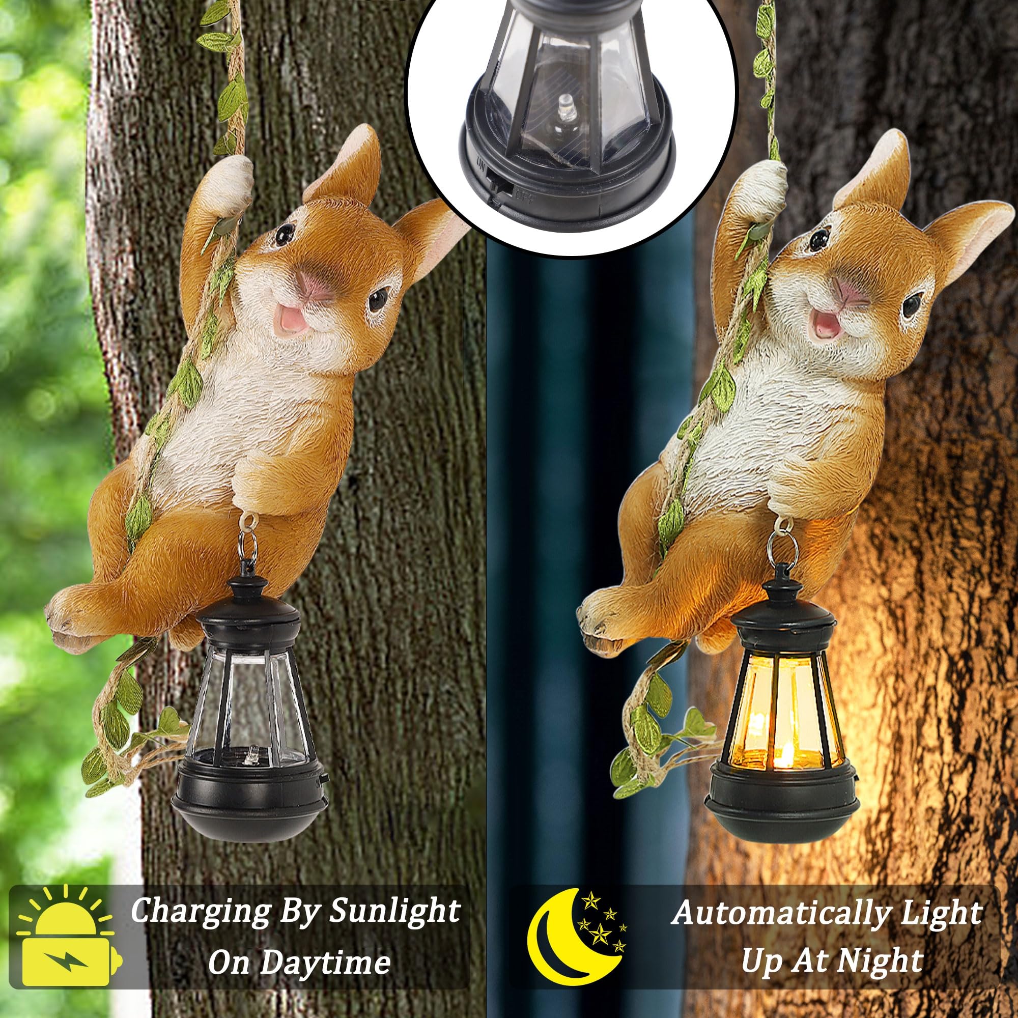 Joliyoou Solar Light Outdoor Statue, Resin Rabbit Climbing on Vine with LED Lantern, 6.9in H, 23.6in L, Waterproof Hanging Figurine