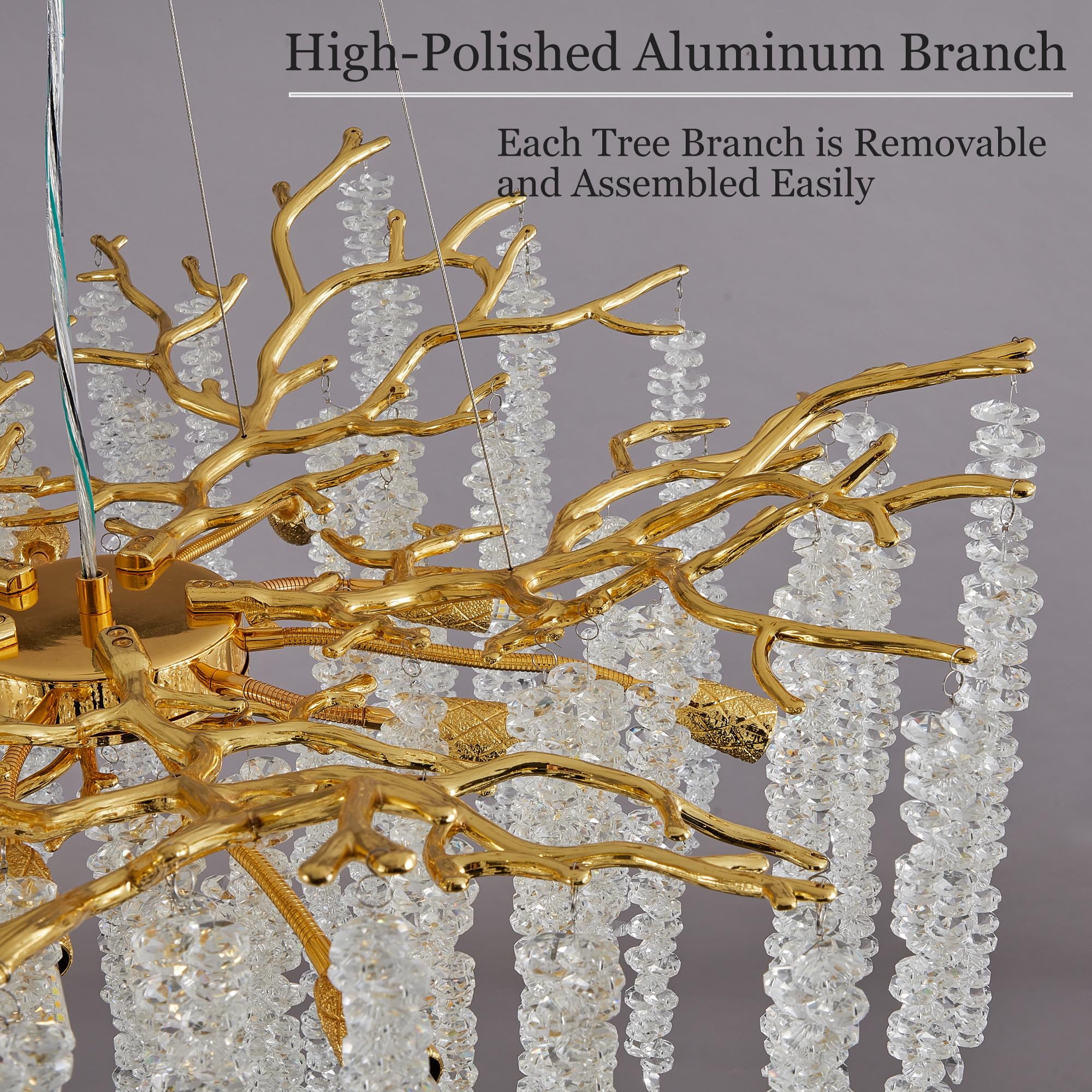 Upfelw Modern Crystal Tree Branch Chandelier, Gold Round Art Deco Raindrop Lighting Fixture For Dining Room Bedroom Living Room