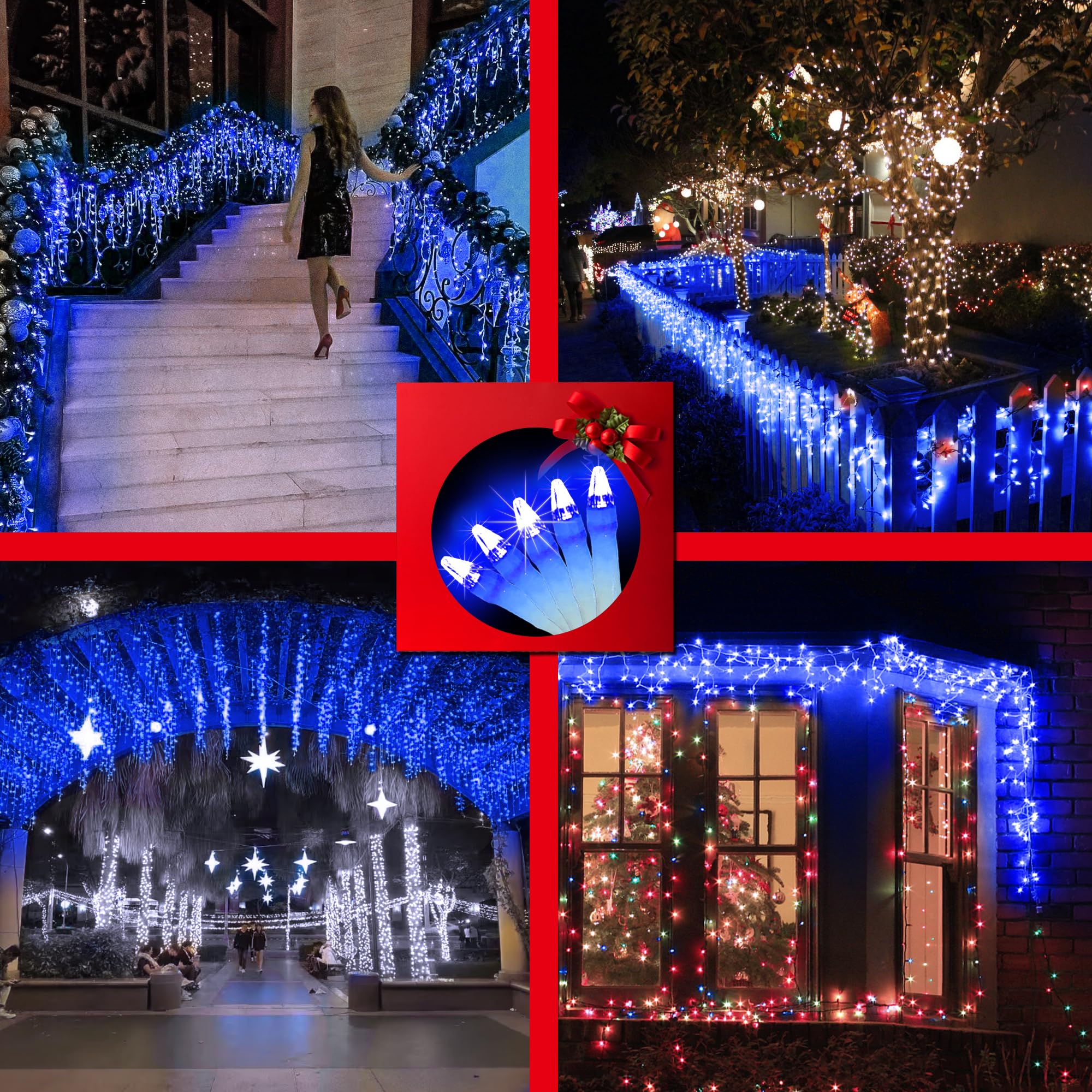 QUHUATU LED Christmas Outdoor Lights, 82ft Hanging Curtain Lights, 176 Drops, Blue, Model WX-792L, 8 Modes, Timer & Memory