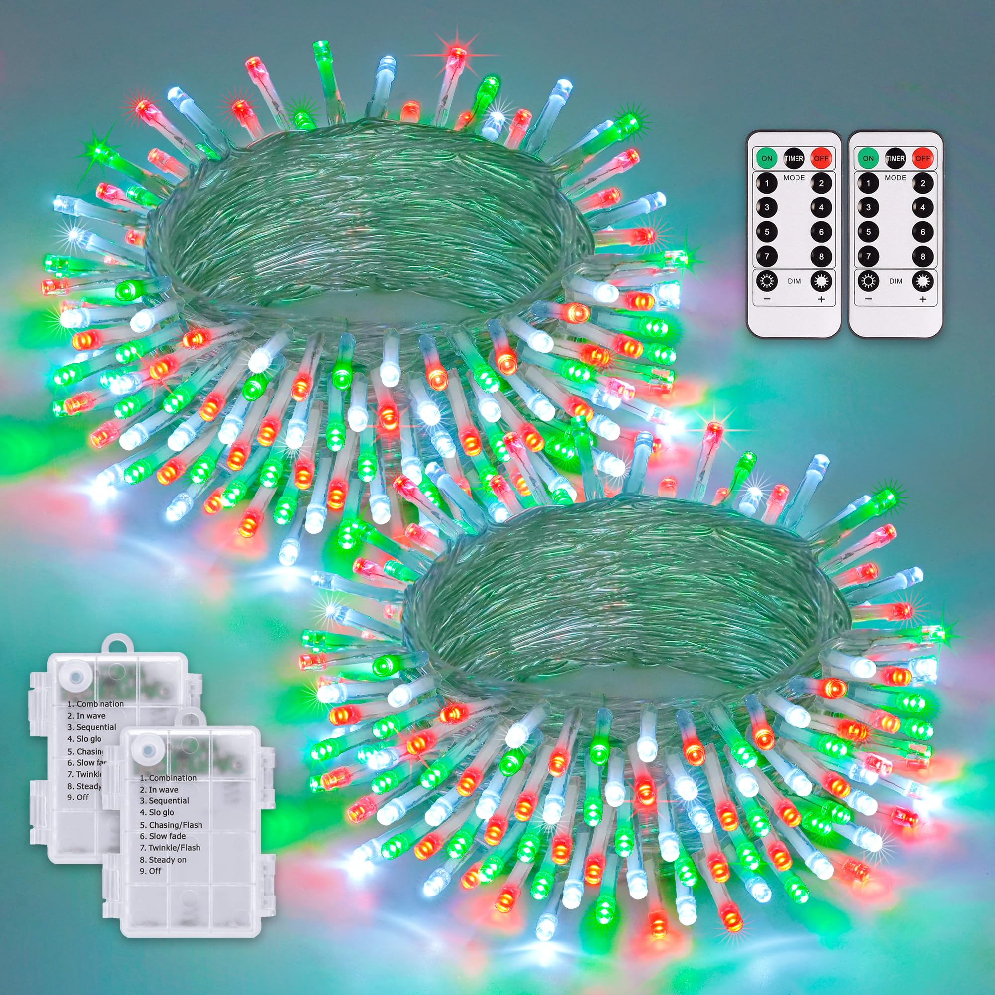 JMEXSUSS Christmas Lights 2 Pack, 33ft 100 LED Battery Operated String Lights with Remote, Red White Green
