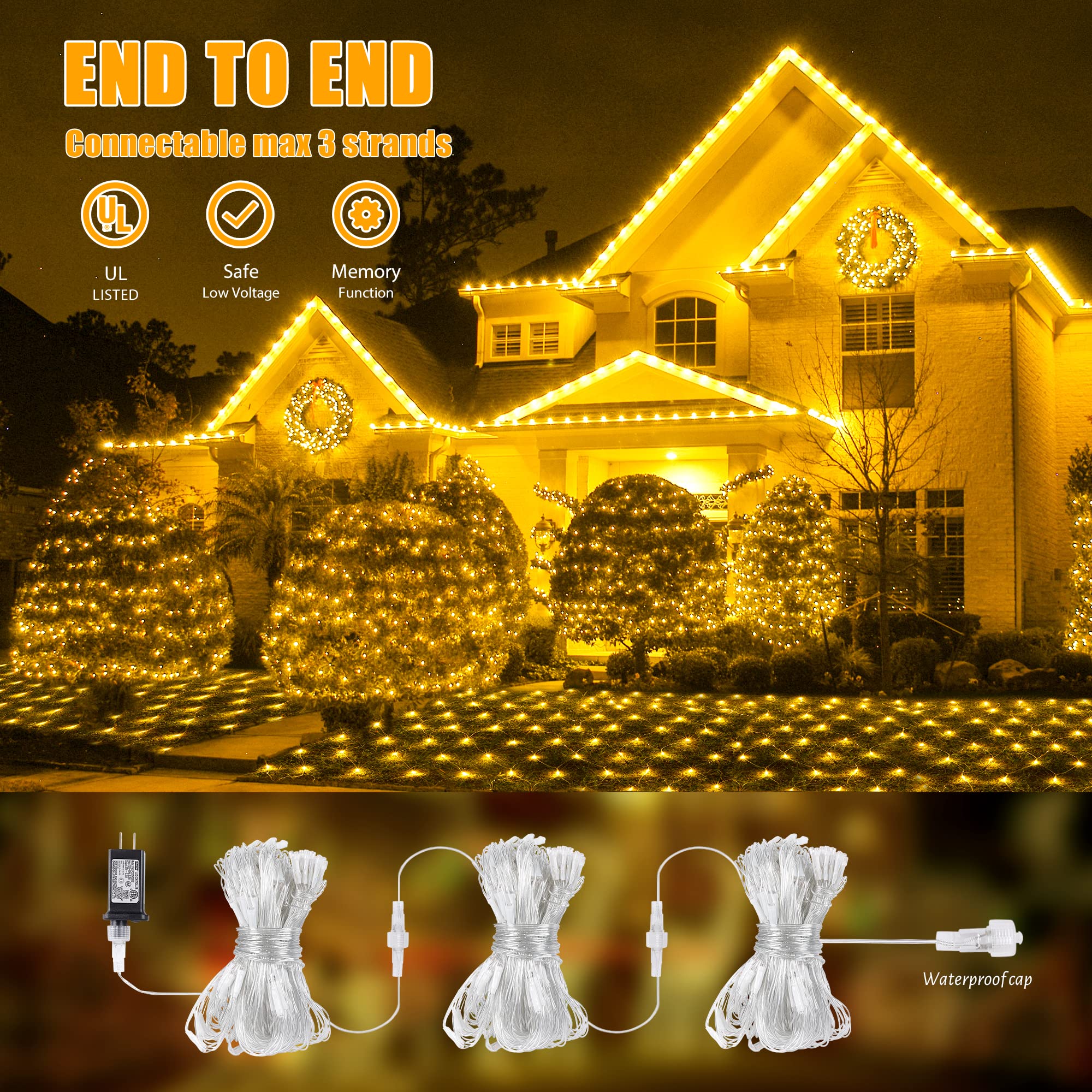 Heyfuni Net Mesh Waterproof String Lights,360Led 13Ft X 5Ft Christmas Net Lights, 8 Modes,Connectable For Indoor Outdoor, Curtain,Garden,Christmas Tree, Bush, Party, Holiday, Wall Decor (Warm White)