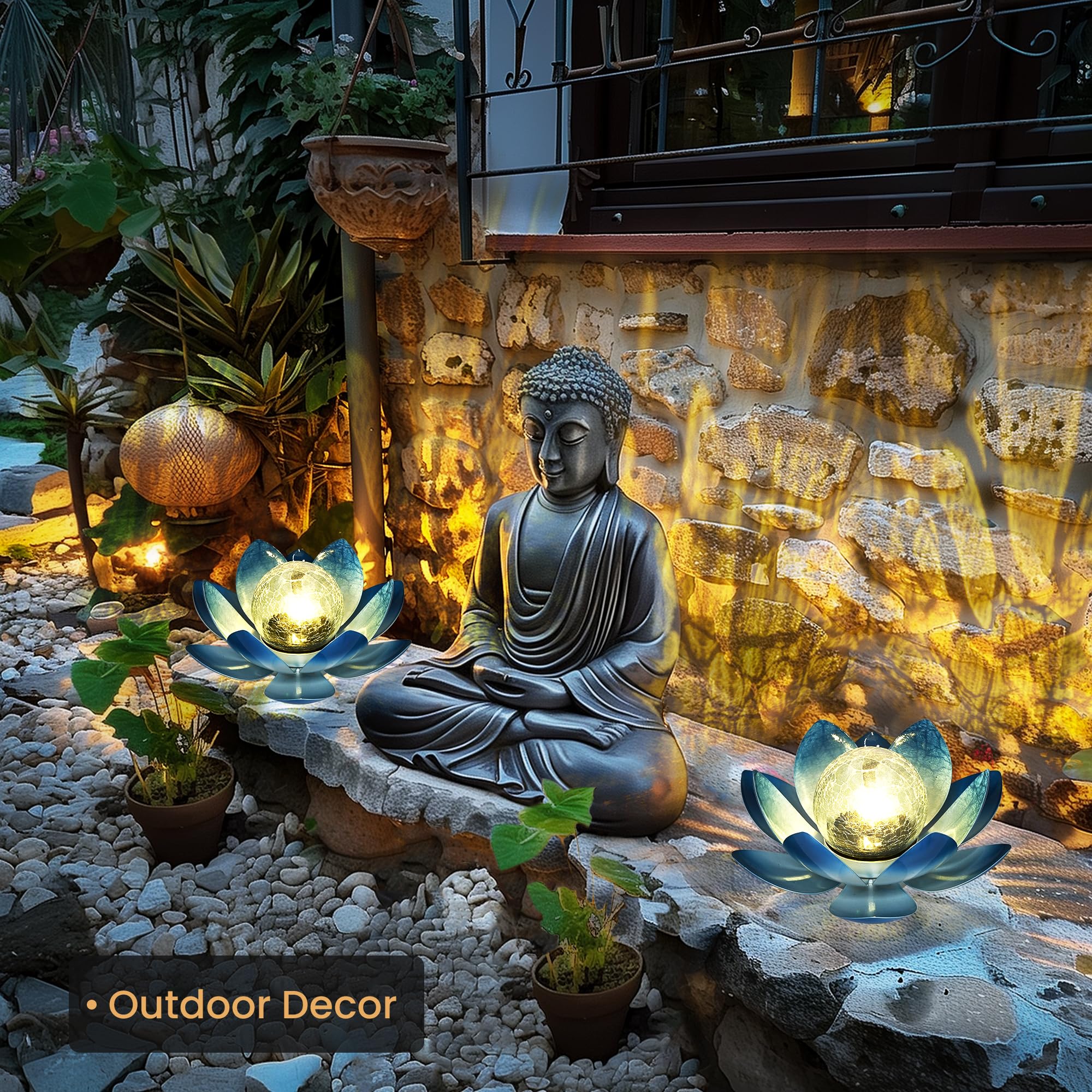 Gigalumi Solar Light Outdoor Garden Decor, Lotus Flower Light Crackle Globe Glass Lantern Outdoor Table Decor Waterproof For Pat