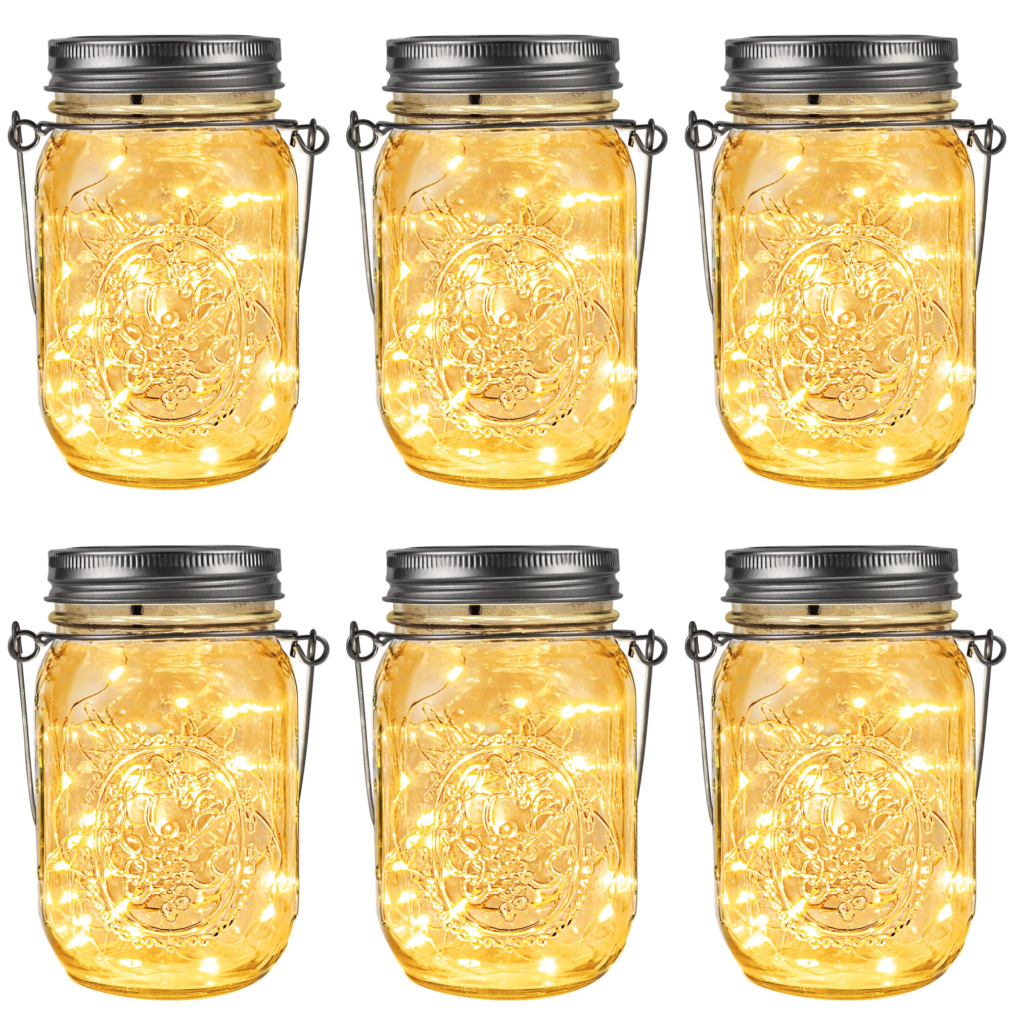 GIGALUMI Hanging Mason Jar Solar Lights, 6 Pack 30 Led Tinplate Lids Hanging Solar Lanterns Outdoor Waterproof, Hangers and Jars