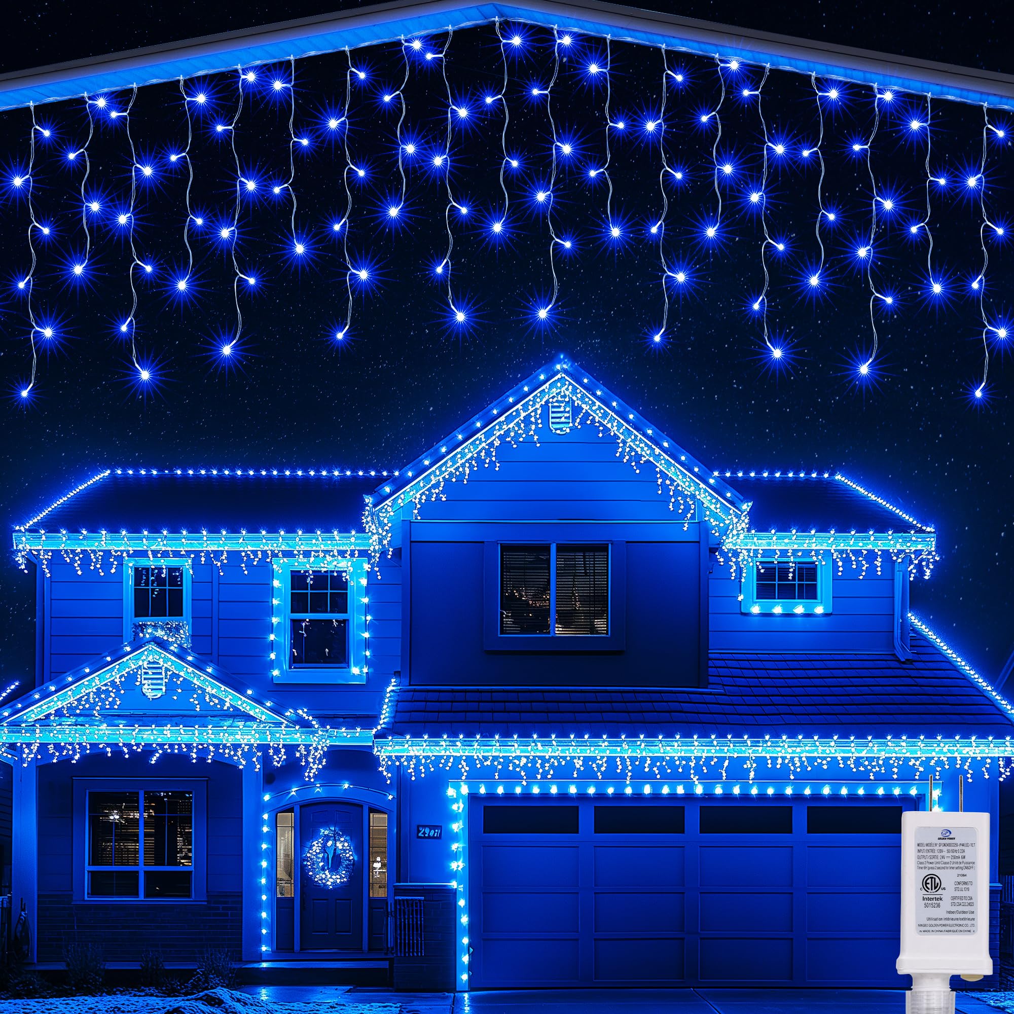 Joomer Christmas Icicle Lights, 32FT, Waterproof, 8 Modes, Blue, Model SSL0200-I-24V, Connectable for Outdoor Decorations