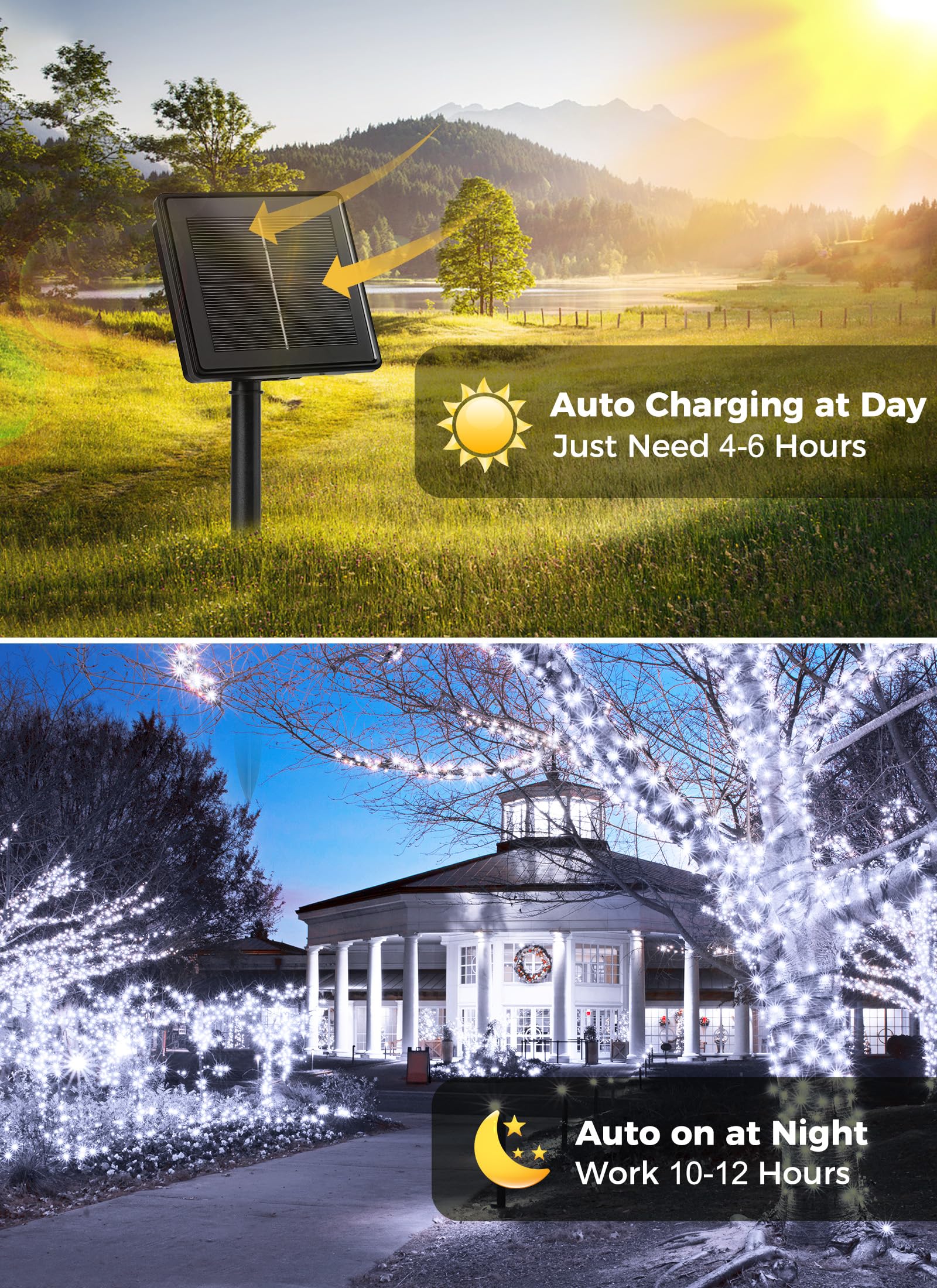 Solar String Lights Outdoor, 2 Pack Total 144Ft 400 Led Solar Powered String Lights With 8 Lighting Modes, Waterproof Solar Patio Lights, Solar String Lights For Outside Tree Balcony, Pure White