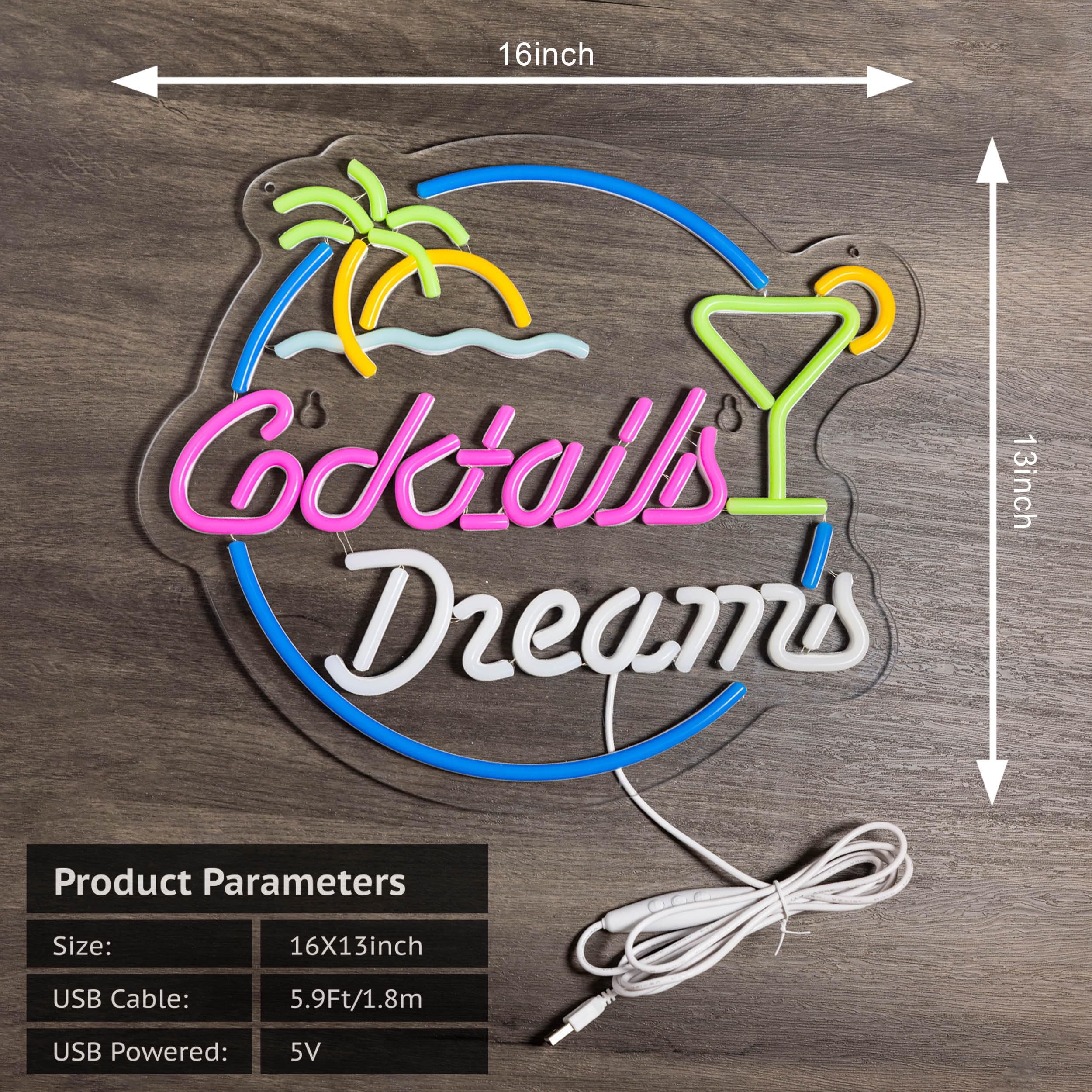 Roouneon Neon Sign Cocktails And Dreams Wall Decor Light For Bedroom Bar Art, Dimmable Led