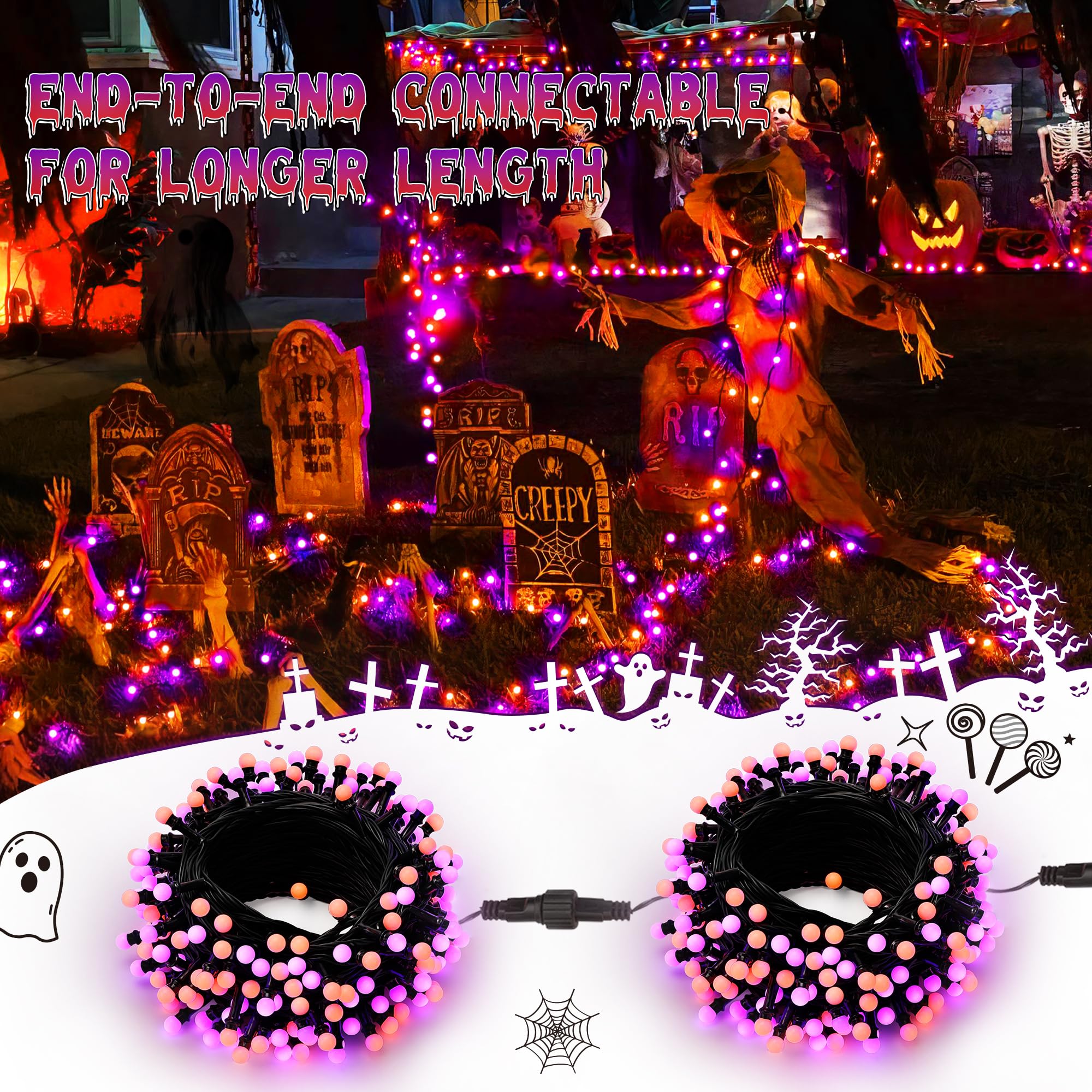 Brizled Halloween Lights String, 200 LED, 66ft, Purple & Orange, 8 Modes, Connectable, Indoor/Outdoor, Model FT4-200POCL-30
