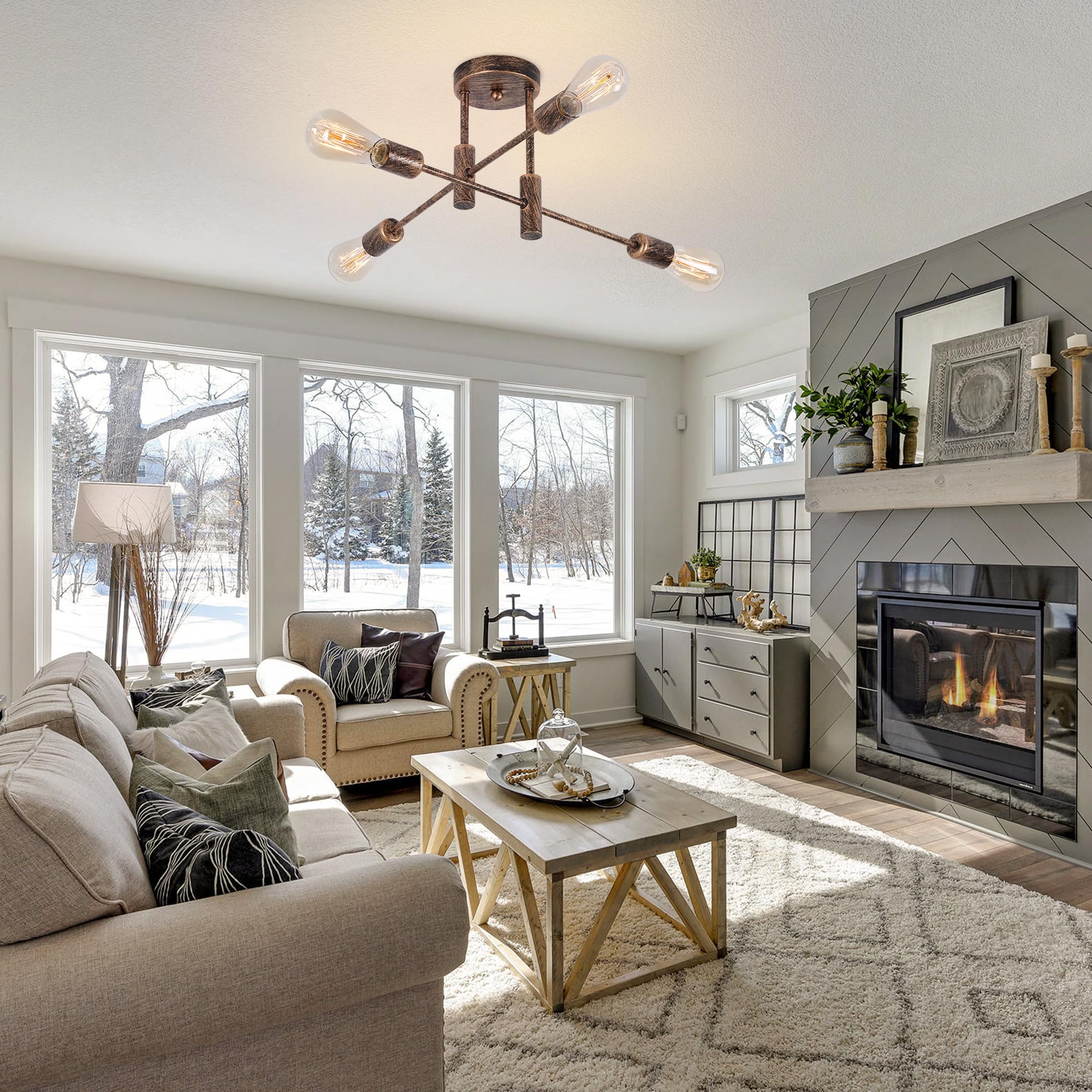 Garwarm 4-Light Semi Flush Mount Ceiling Light Fixture Farmhouse Sputnik Ceiling Light Vintage Modern Bronze Sputnik Chandelier