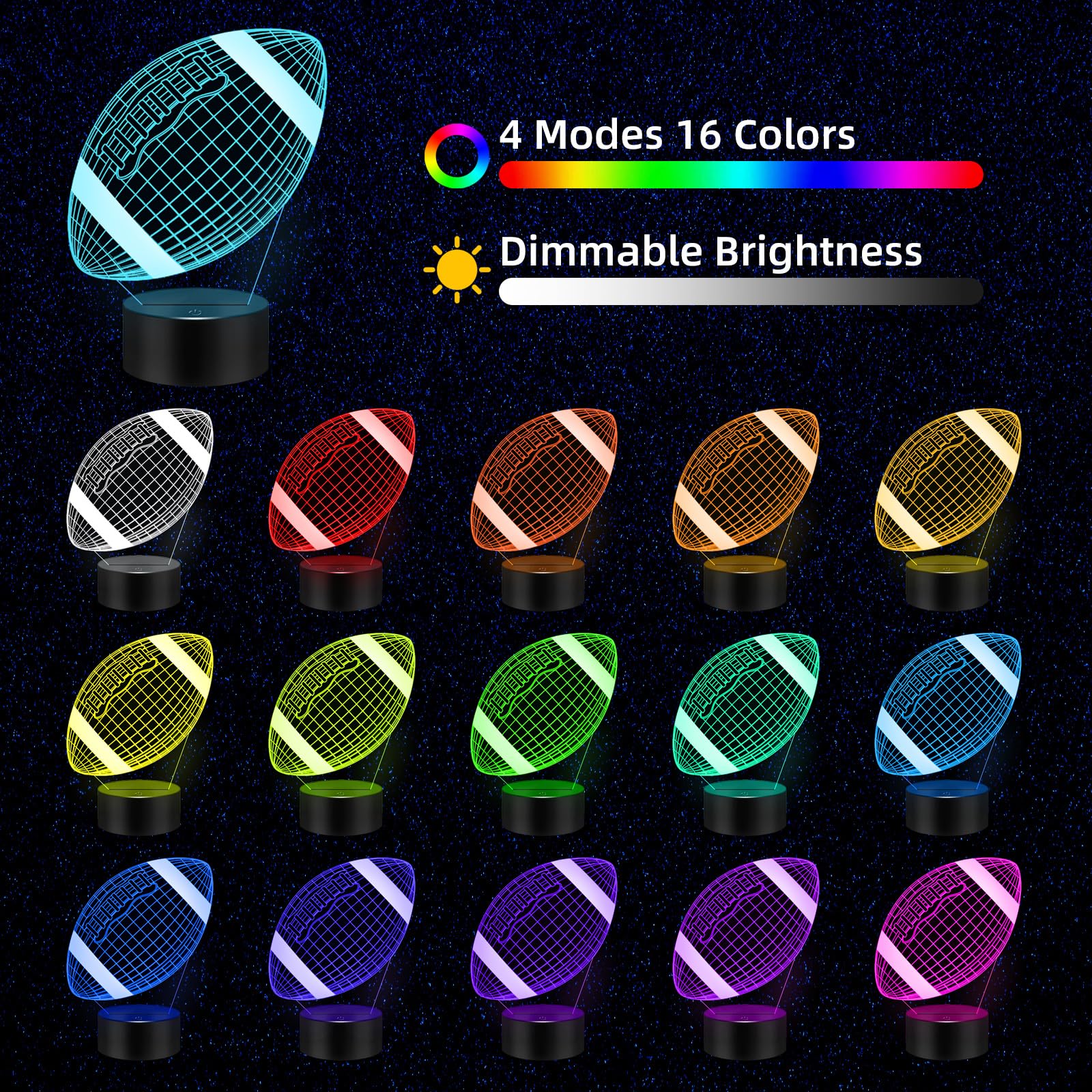 Menomino Football Gift 3D Night Light, 16 Colors Changes Remote Control 3D Night Lamp, Led Motorcycle Room Decor, Rugby Toys, Bi