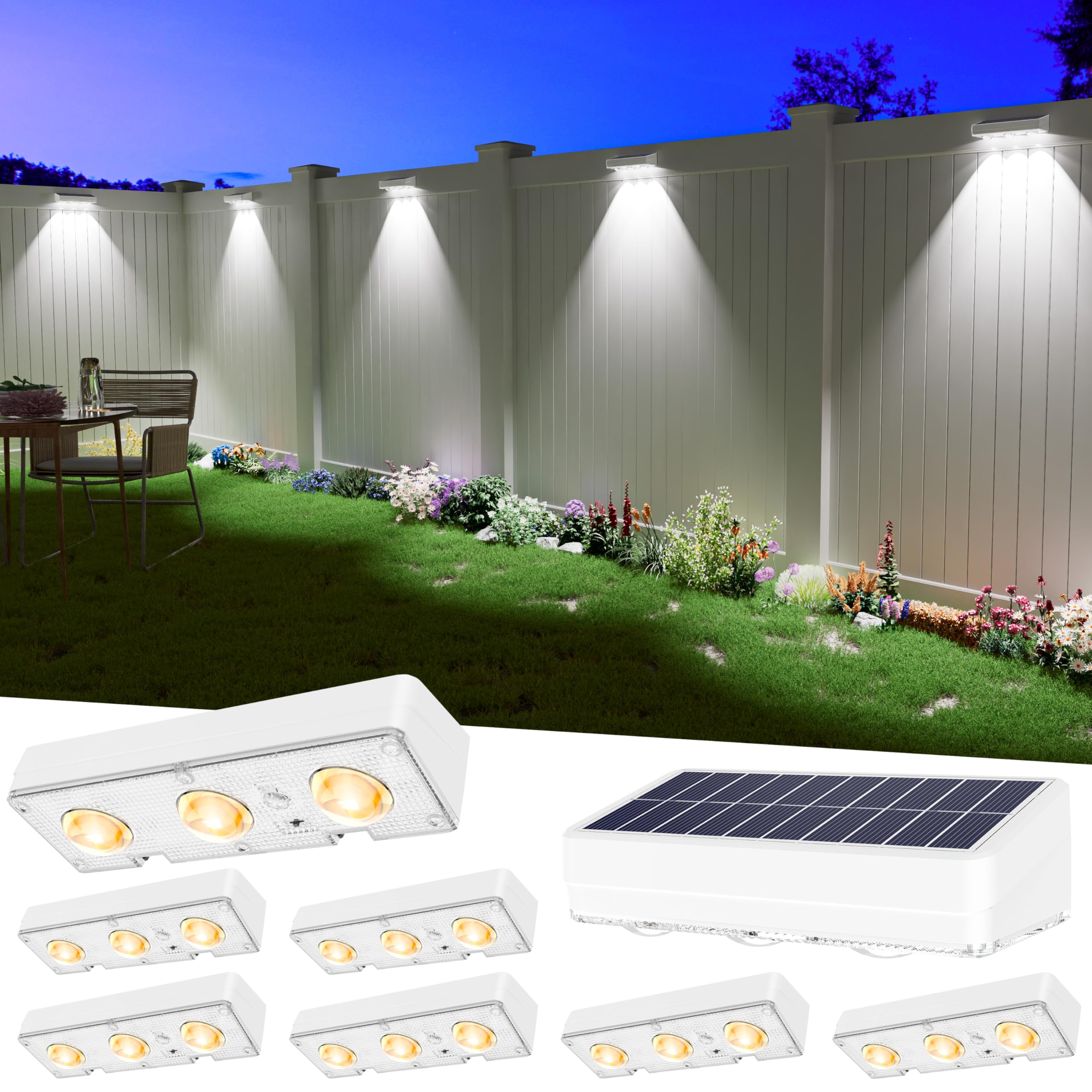 JOFIOS Solar Fence Lights Outdoor Waterproof Led  8 Pack 1300mAh  6 Inch Solar Lights for Fence with Warm White & RGB 8 Colors Outdoor Fence Light Decor for Patio  Backyard  Deck  Railing(White)