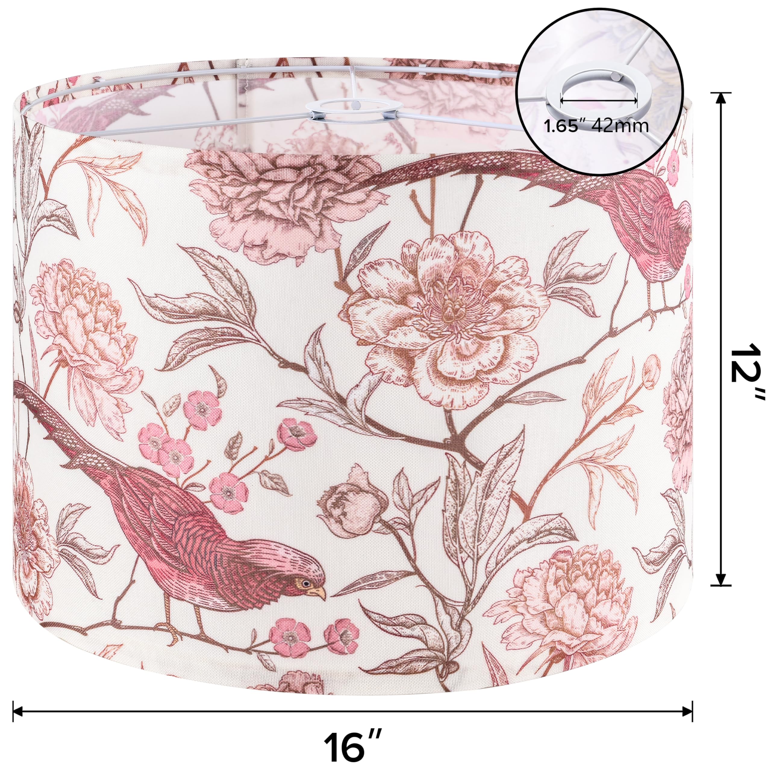 Go&So 1 Pack Floral Bird Large Drum Lamp Shade 1.65Spider E27 Base 16 X16 X12 Printed Pattern Design Diy Assembly With Multi-Adapter (E26/E14/10Mm) Ideal For Floor/Table Lamps/Pendant Lighting