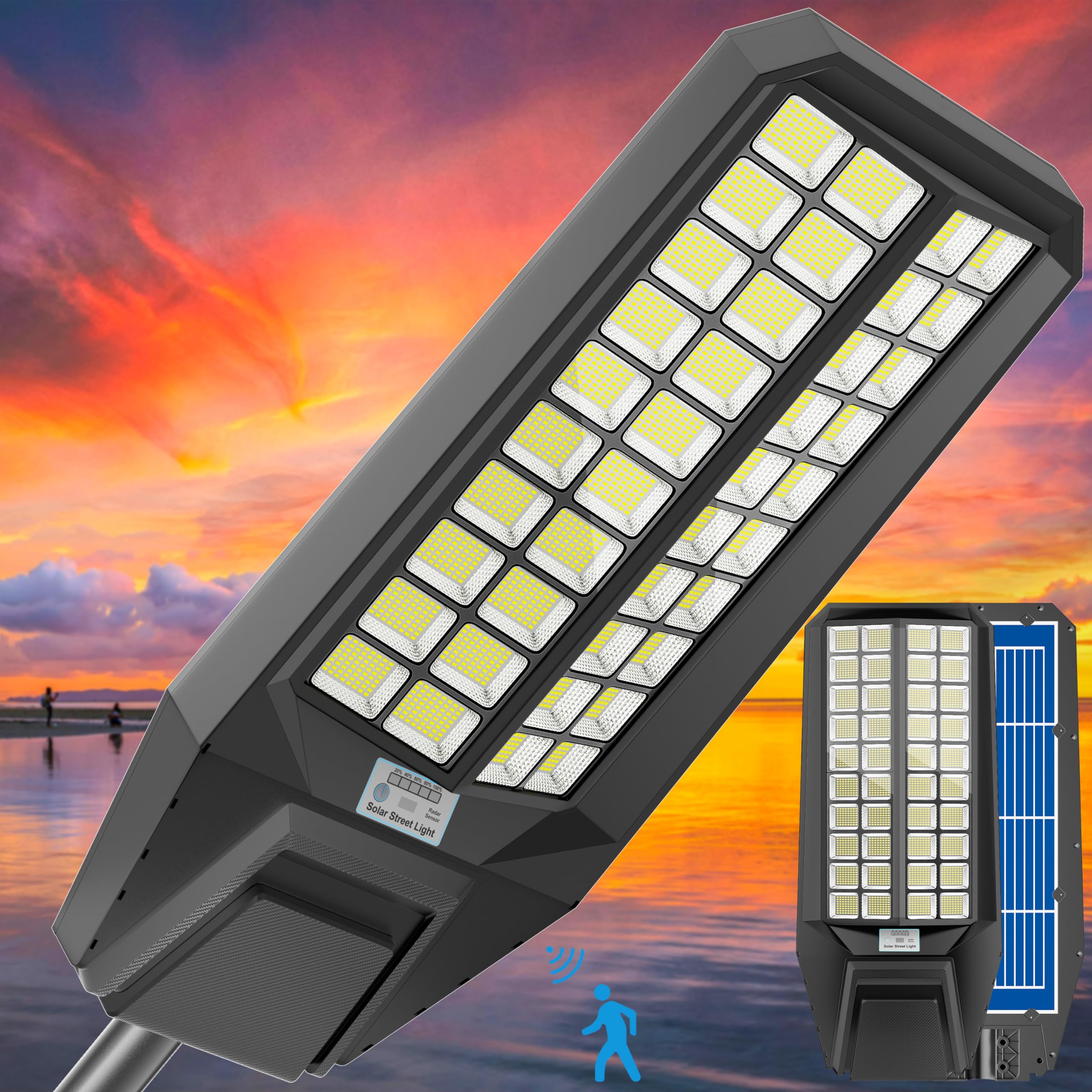 IOBZSM Solar Street Light 800000LM Dusk to Dawn IP67 Waterproof Motion Sensor 9000W-1Pack Black Model YQTW40