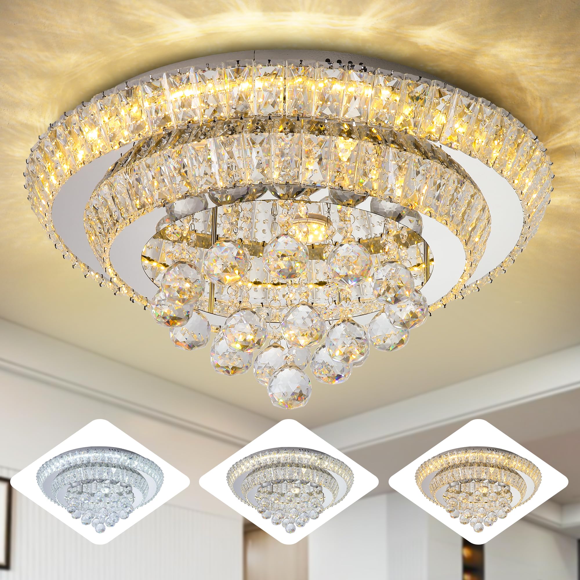 Miuyhji Elegant Led Crystal Raindrop Ceiling Light,20'' Flush Mount Chandelier Light Fixture With Remote Control For Living Room