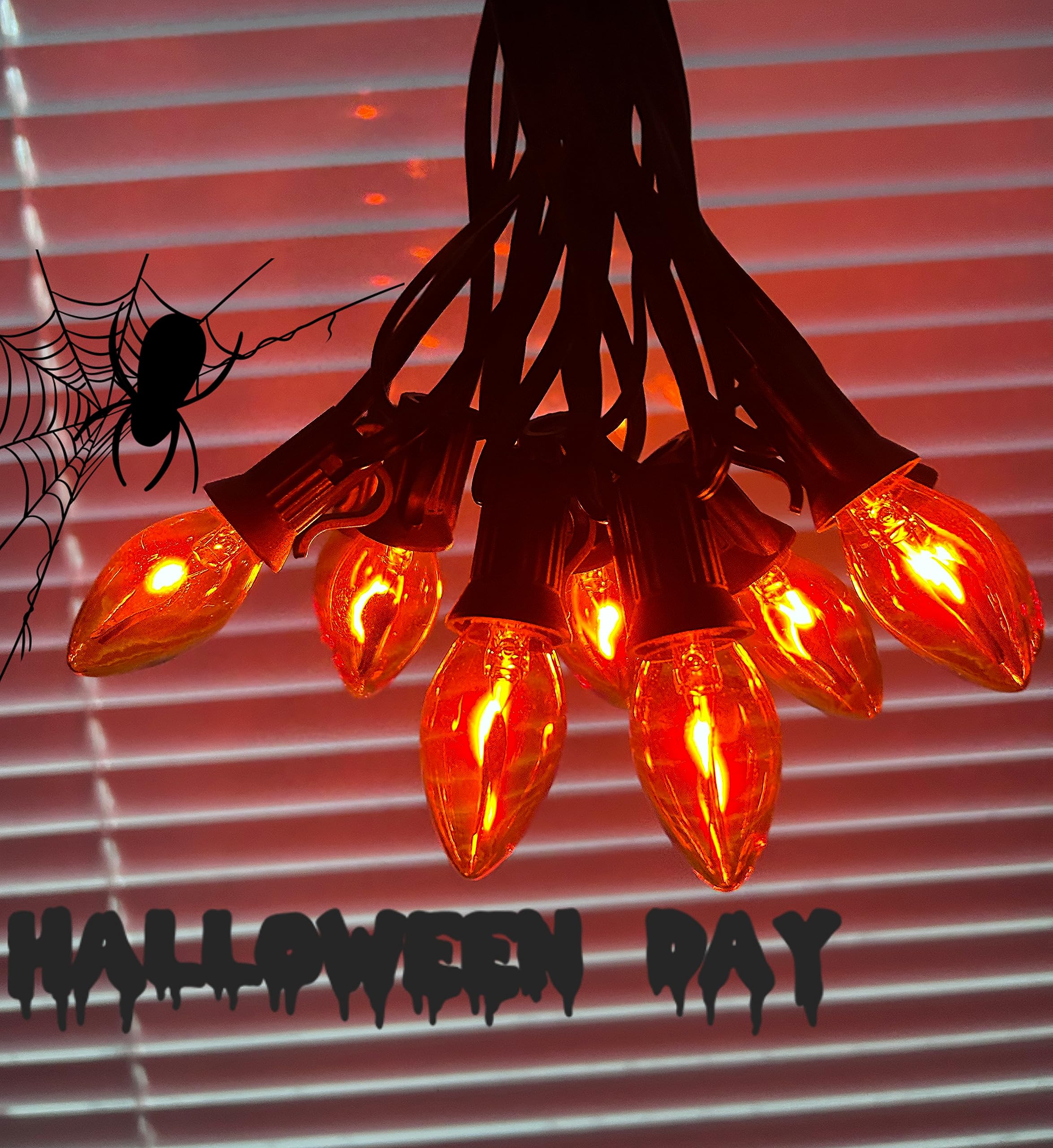 Doratale 25Ft C7 Orange Halloween Flickering Flame Lights, Waterproof Connectable, Glass, E12 Base, Clear Flame