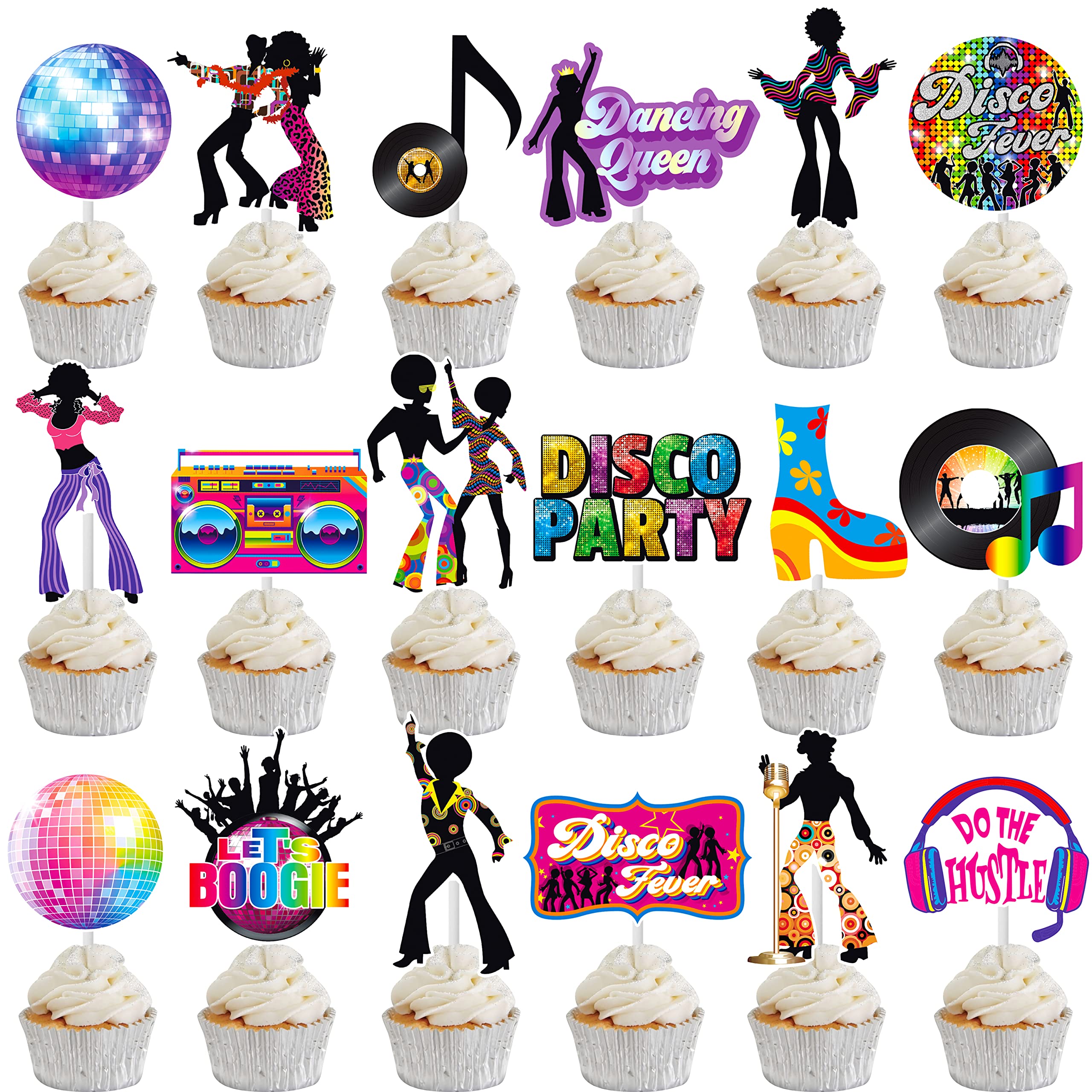 C L Cooper Life Disco Party Cupcake Toppers, 36pcs, Plastic & Rhinestones, Mixed Silver and Gold, 70s 80s Theme Decoration, Model CUPCAKE TOPPER-