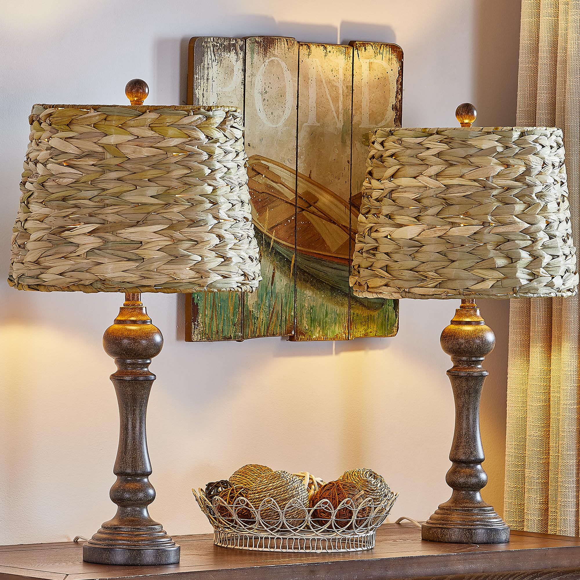 Maxax 26'' Farmhouse Table Lamps Set Of 2 For Living Room, Rustic Resin Bedside Lamp With Woven Rattan Shade, Boho Rattan Bedroo