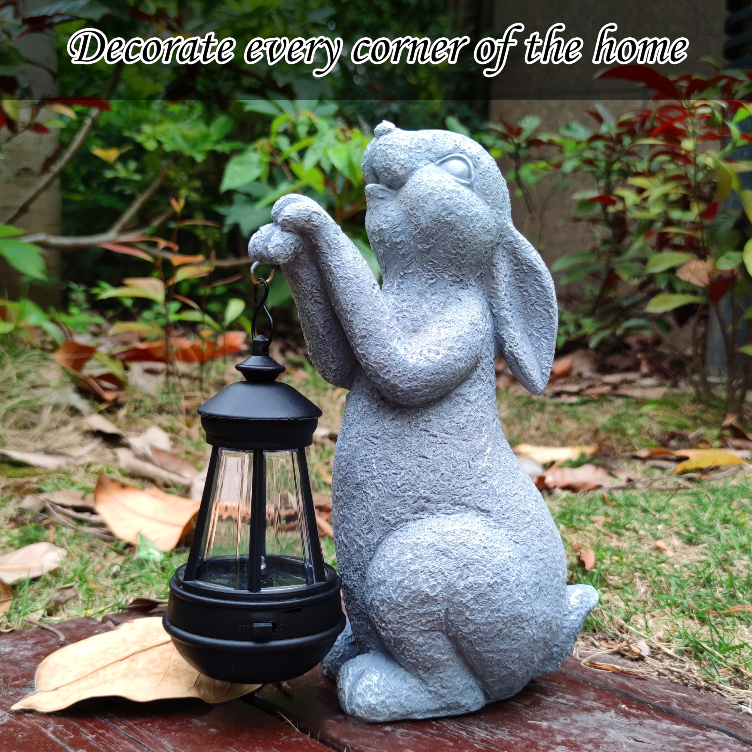 Qobumy Rabbit Solar Garden Statues,Resin Rabbit Figurine Decorations With Solar Lights Lantern, Outdoor Figurines Lawn Garden St