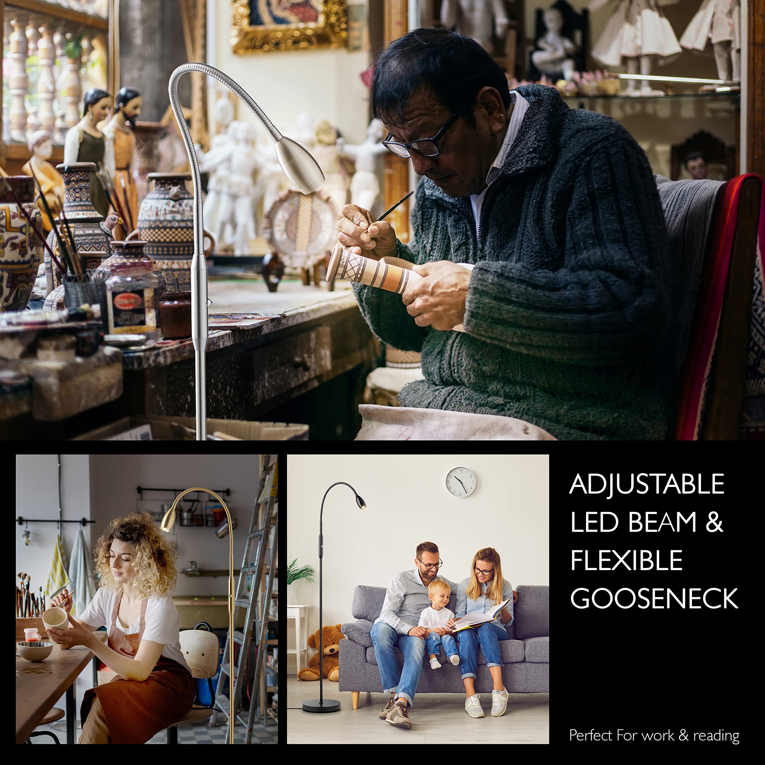 OBright Adjustable LED Floor Lamp, Dimmable, Zoomable, Gooseneck, Brushed Nickel, Model OB-FL15M