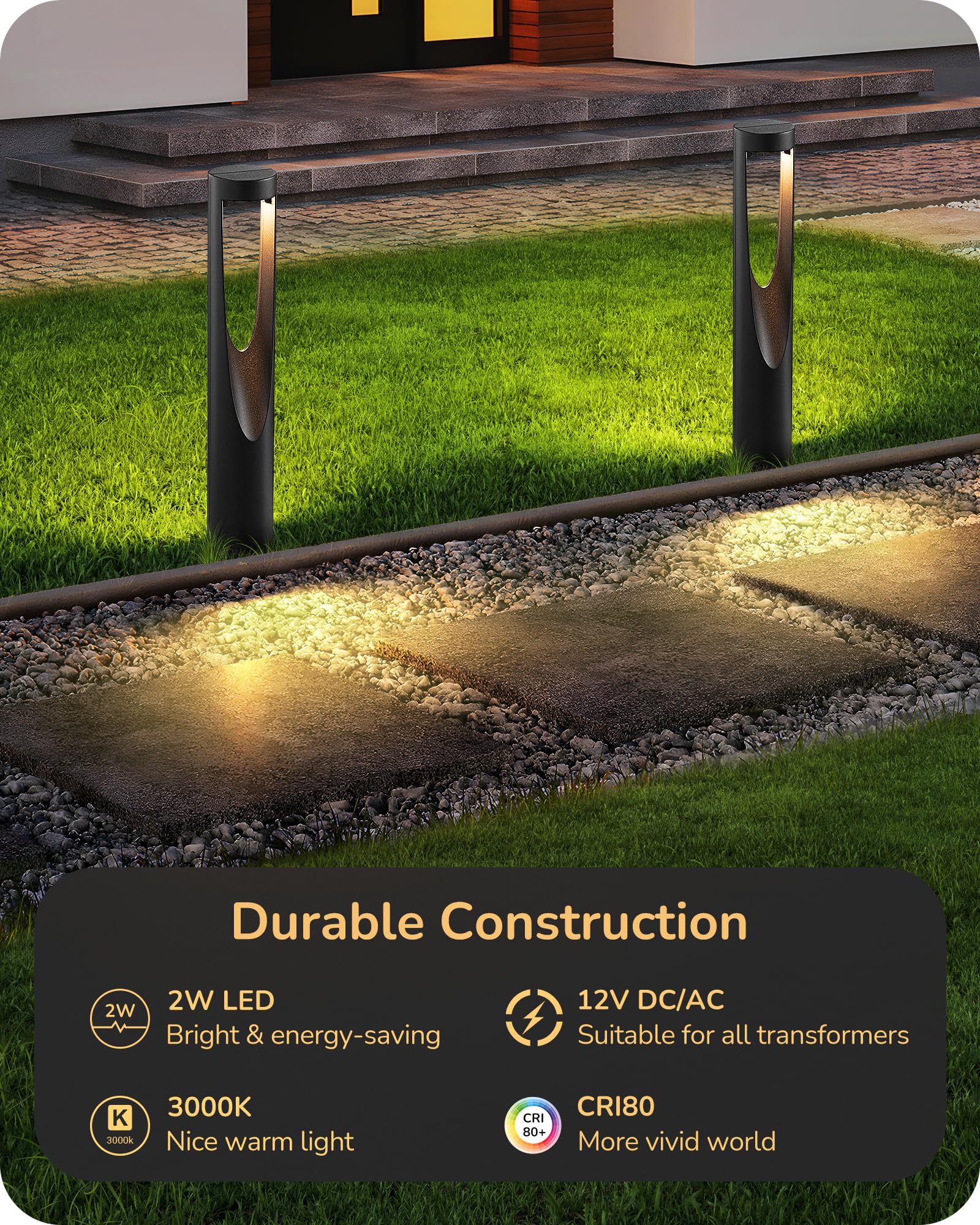 EDISHINE Low Voltage Landscape Lighting, 12V 2W, 150LM, 3000K, Waterproof LED Pathway Lights, Black, 8 Pack, Model HGSL36B